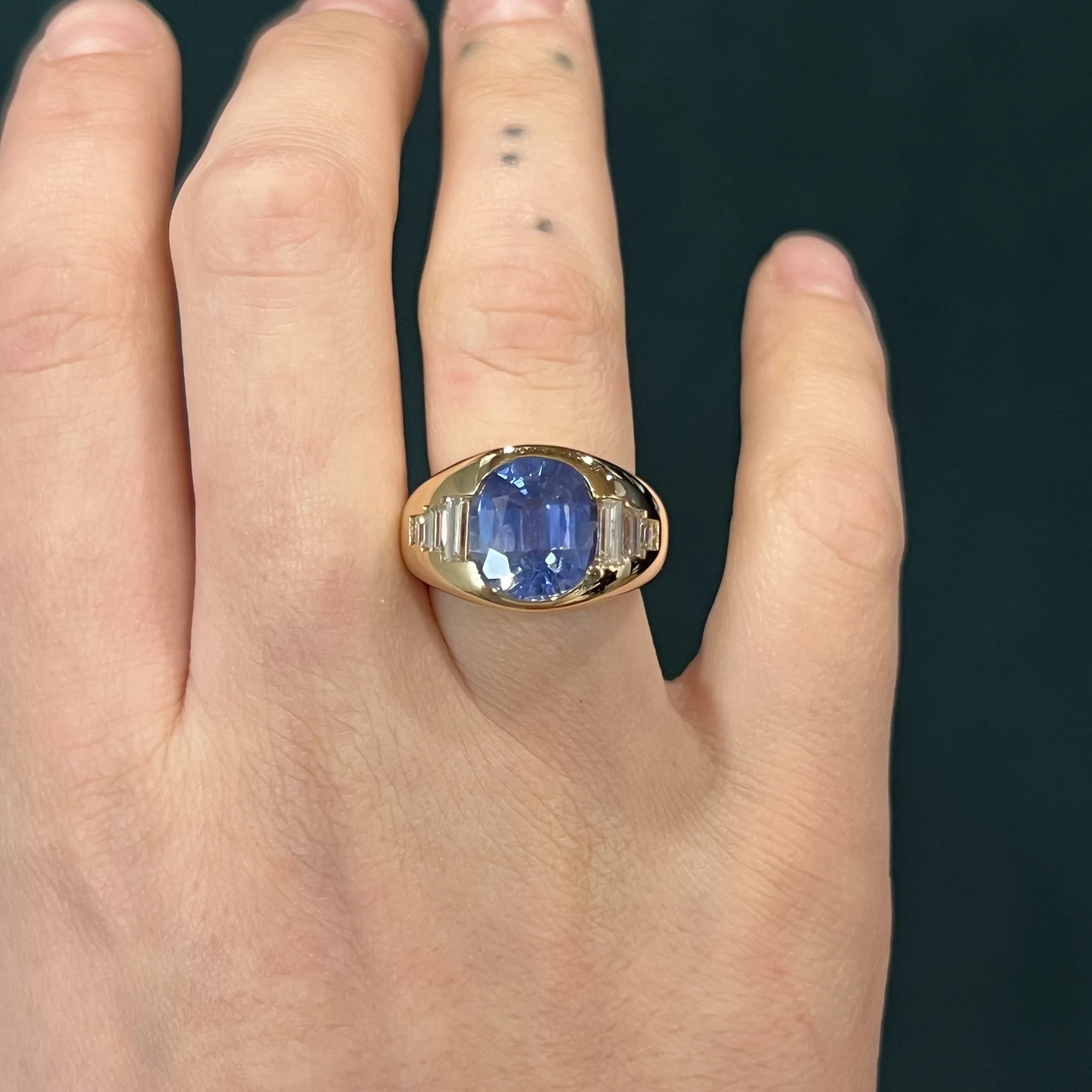 Flush Set Sapphire & Diamond Cocktail Ring in 14k Yellow Gold - Image 6