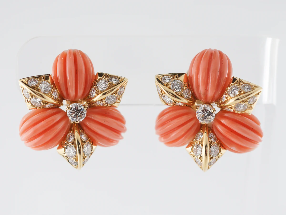 **RTV9/4/19**Fred of Paris Coral & Diamonds Earrings in Yellow Gold