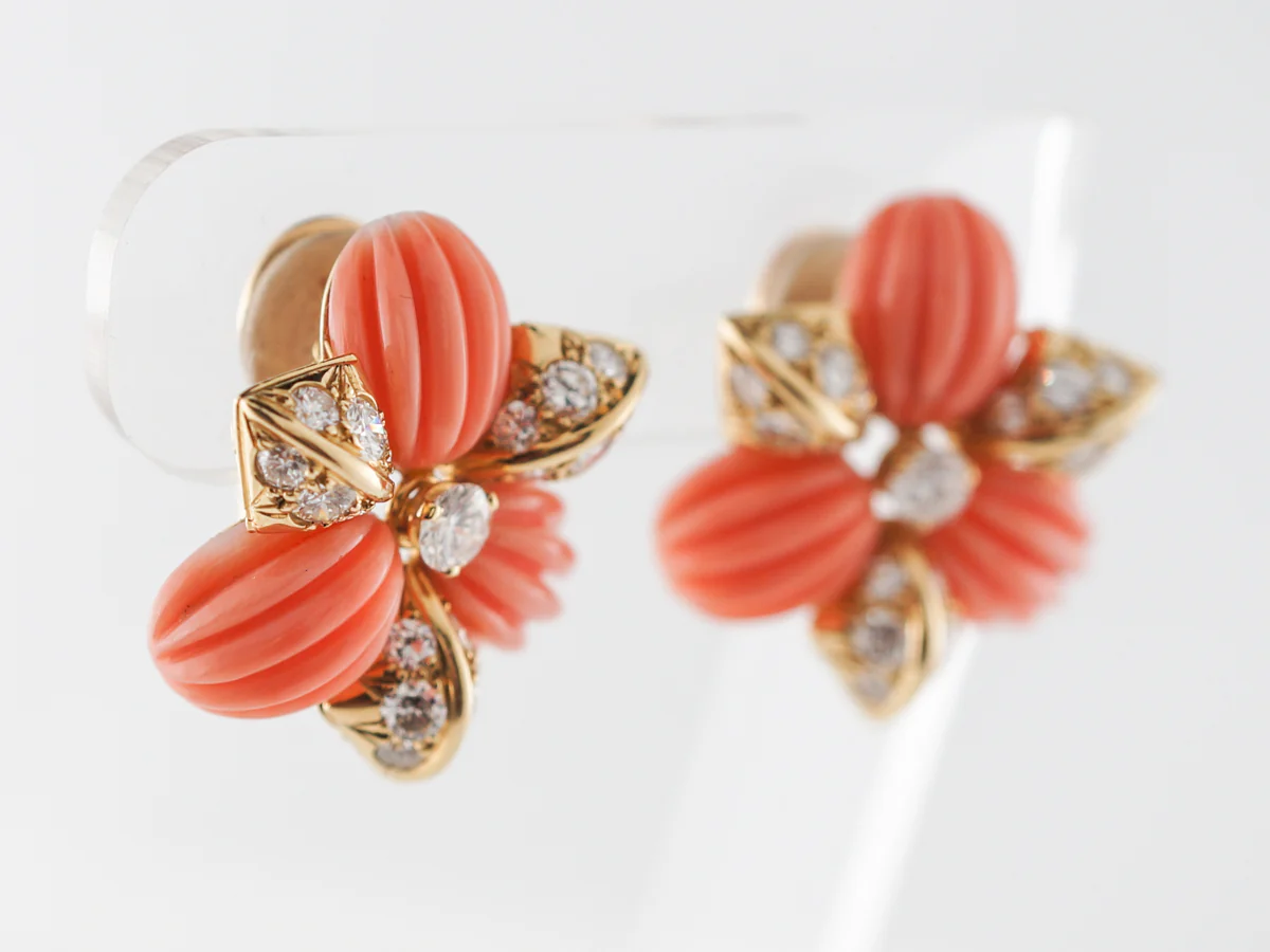 **RTV9/4/19**Fred of Paris Coral & Diamonds Earrings in Yellow Gold - Image 2