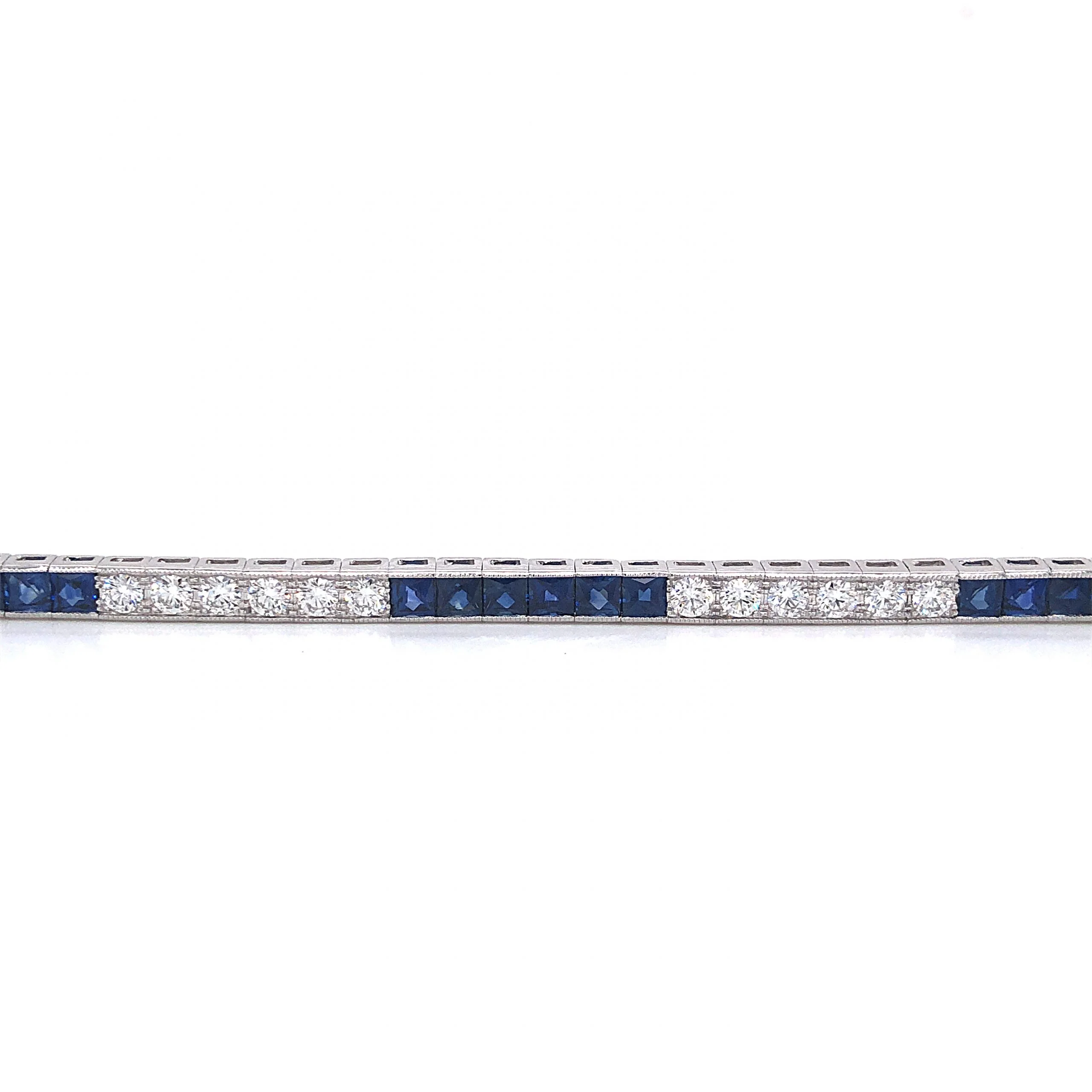 French Cut Sapphire & Round Diamond Bracelet in Platinum - Image 2