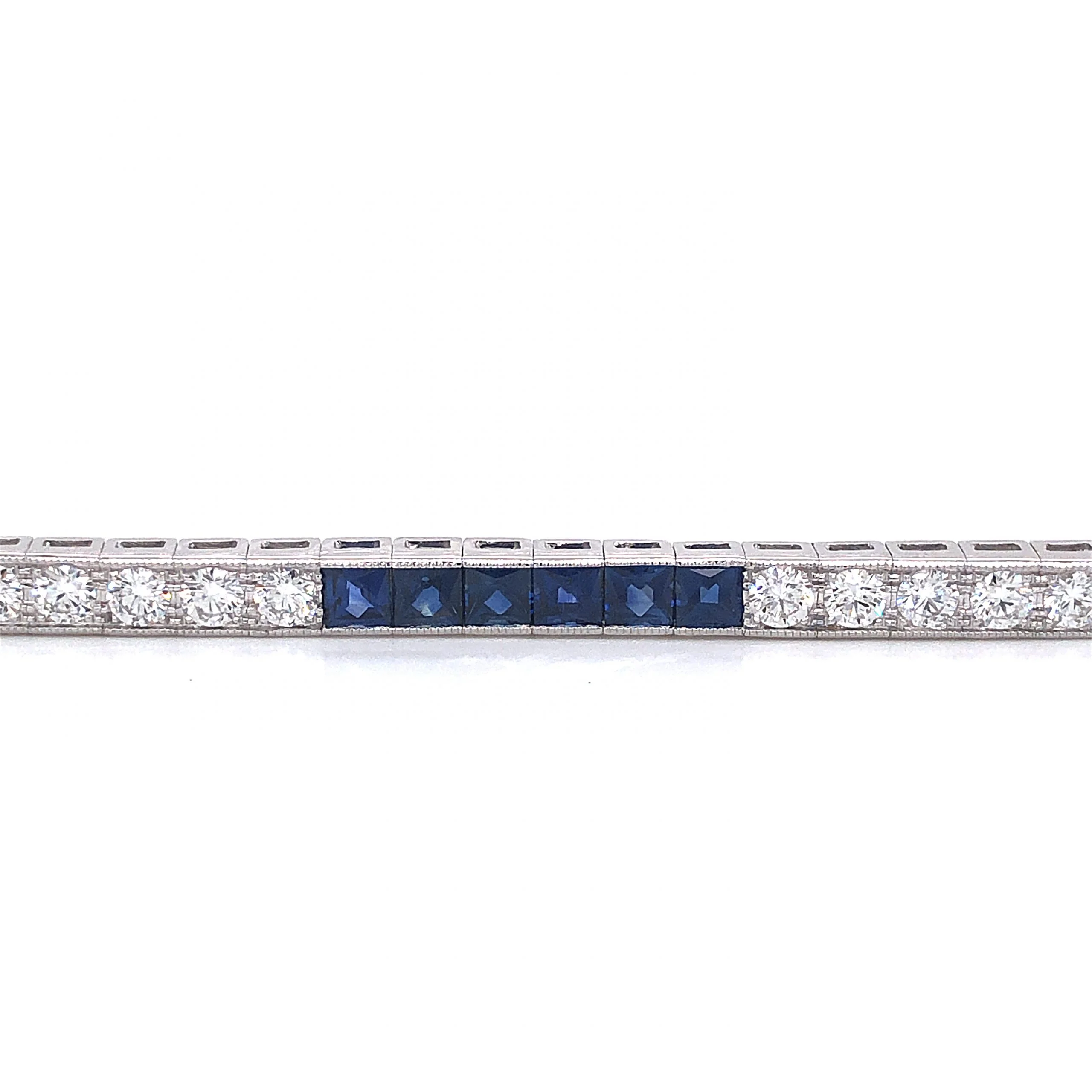 French Cut Sapphire & Round Diamond Bracelet in Platinum - Image 3