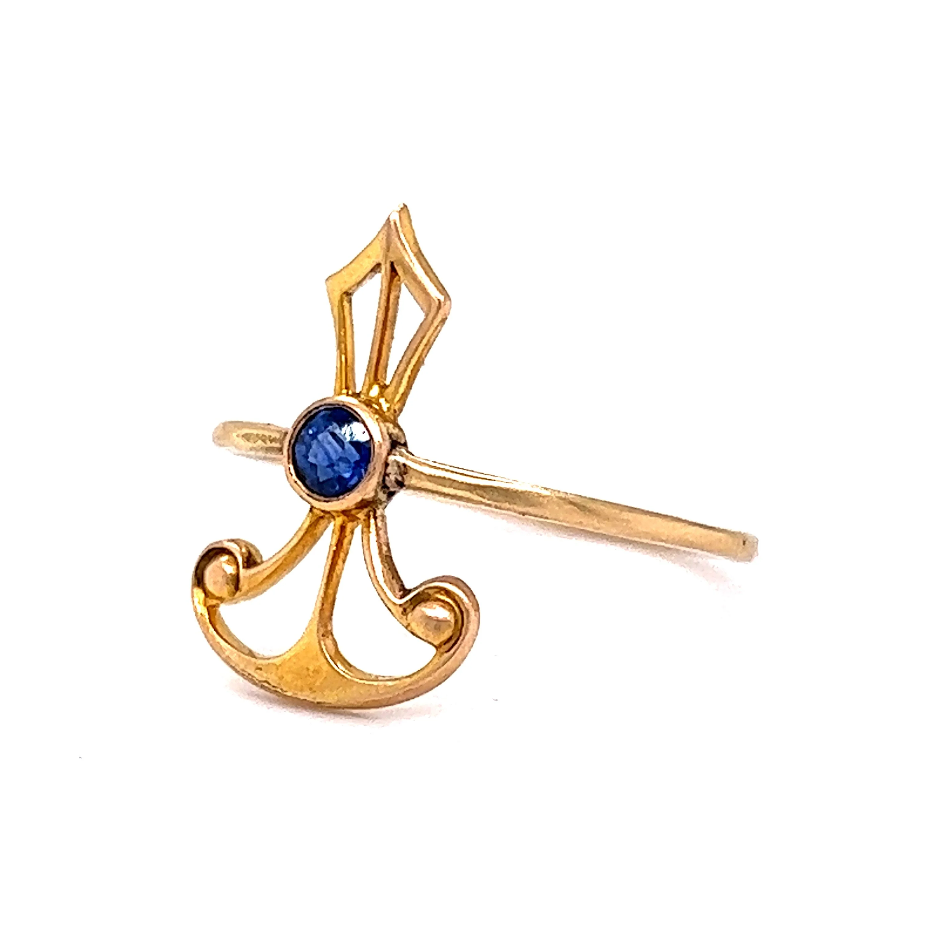 Geometric Victorian Blue Sapphire Ring in 14k Yellow Gold - Image 2