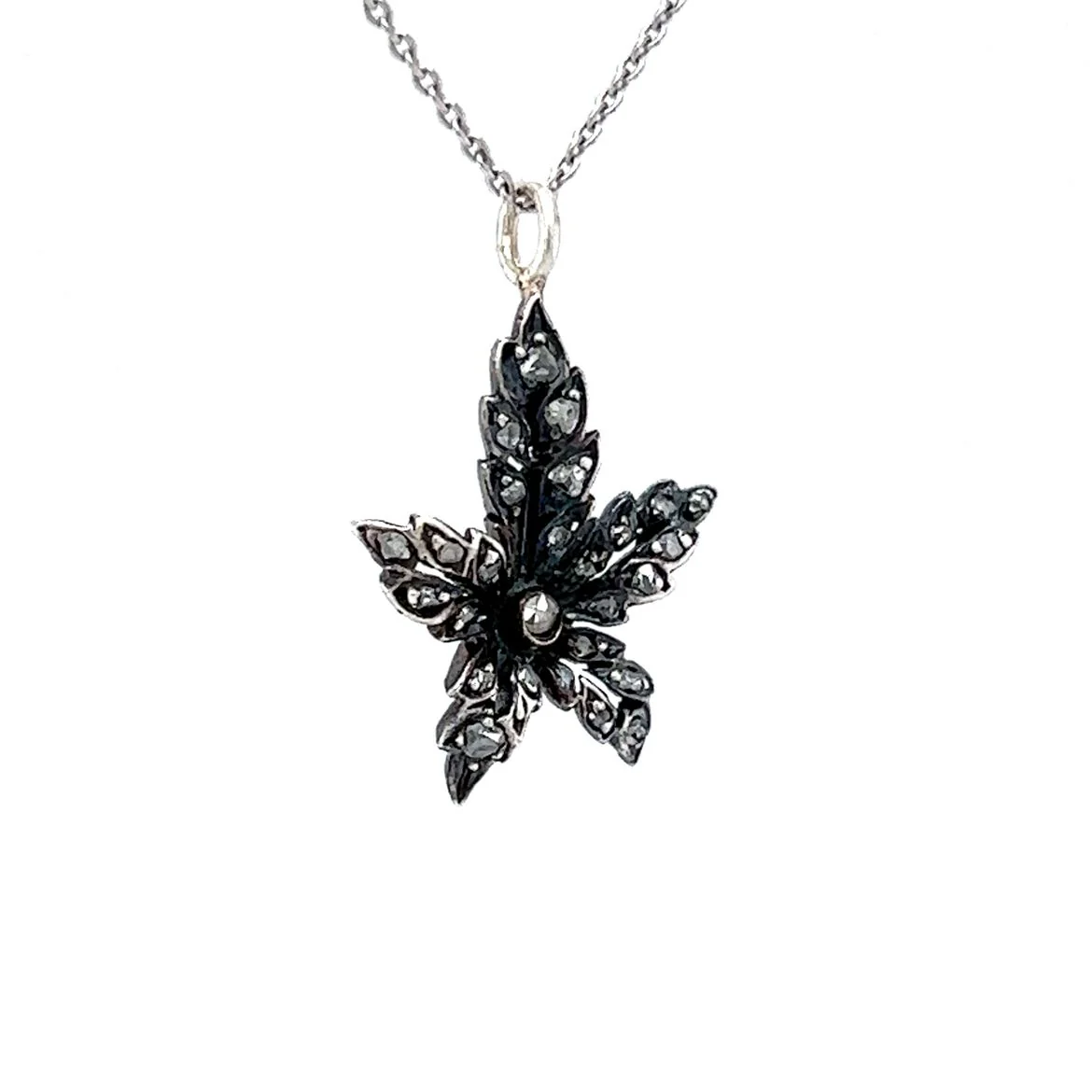 Georgian Diamond Leaf Pendant Necklace in Silver & 14k - Image 3