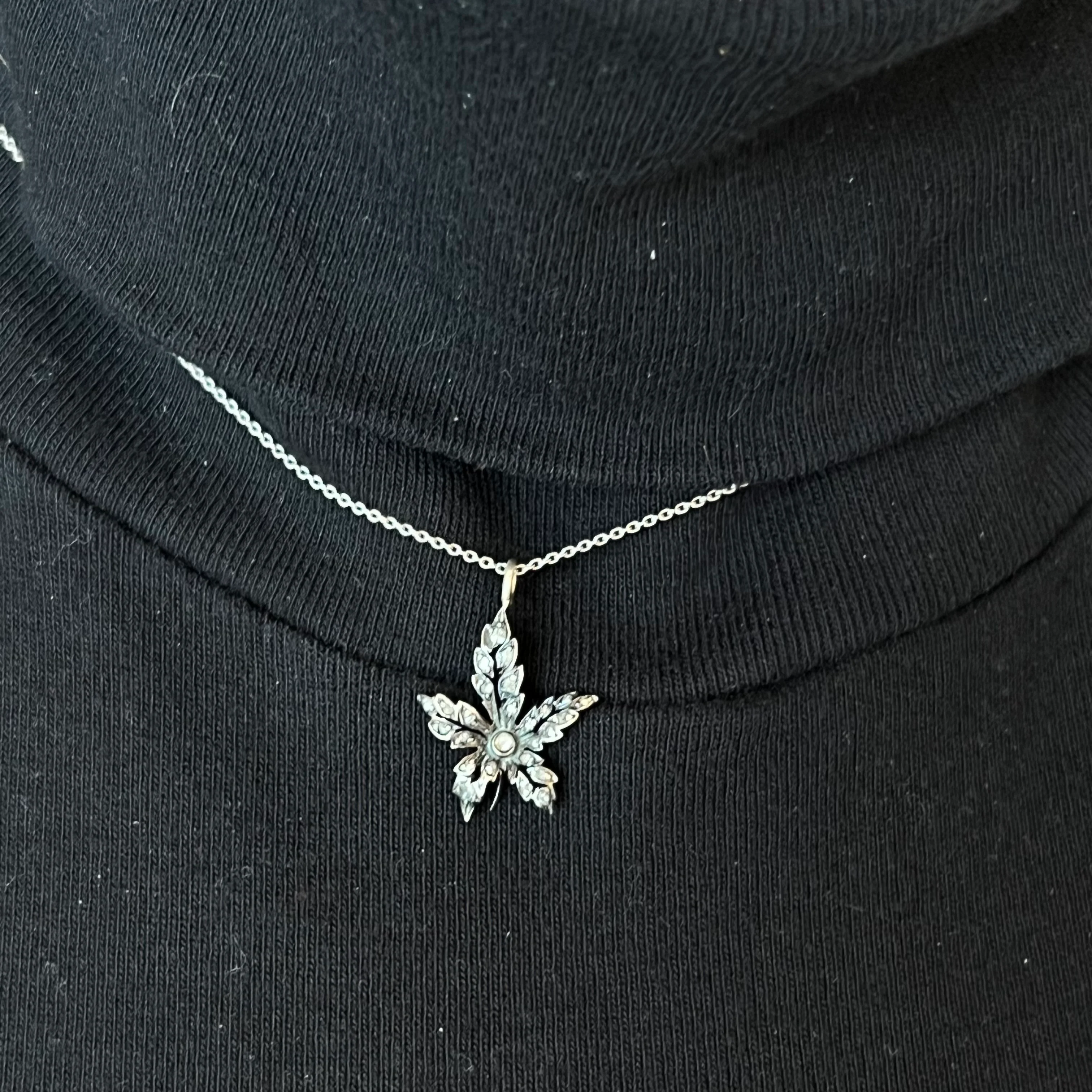 Georgian Diamond Leaf Pendant Necklace in Silver & 14k - Image 4
