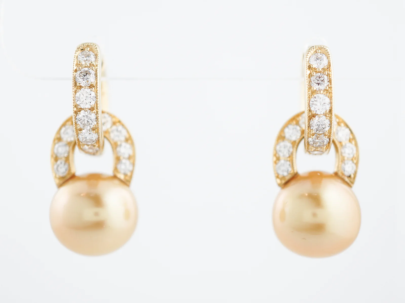 Golden Australian Pearl Earrings Modern 1.60 Round Brilliant Cut Diamond in 18k Yellow Gold