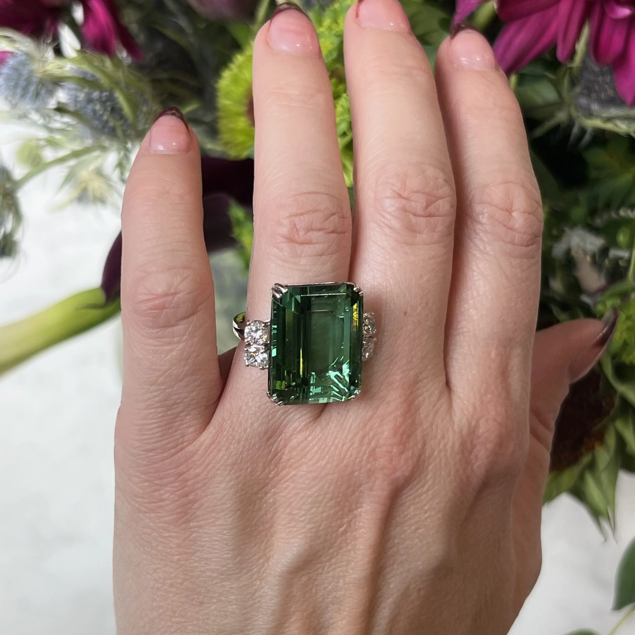 Green Tourmaline & Diamond Cocktail Ring in Platinum - Image 6