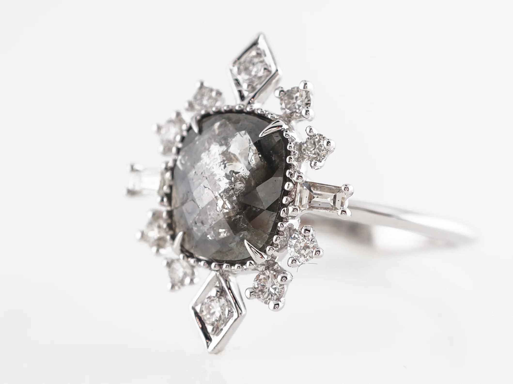 Grey Diamond Cocktail Ring w/ Rose Cut in 18K White Gold - Image 2