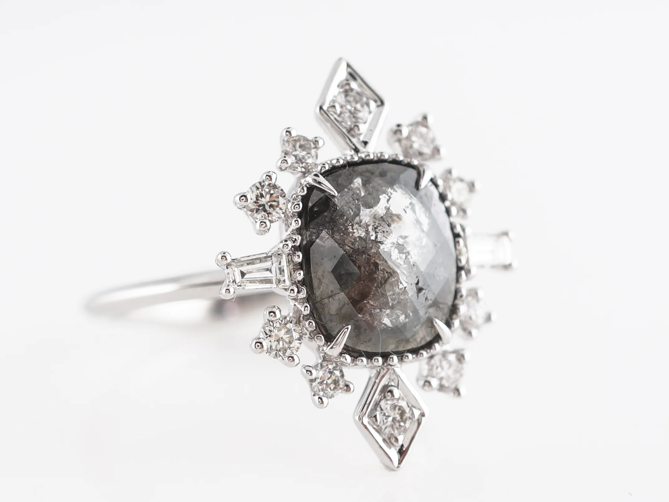 Grey Diamond Cocktail Ring w/ Rose Cut in 18K White Gold - Image 3