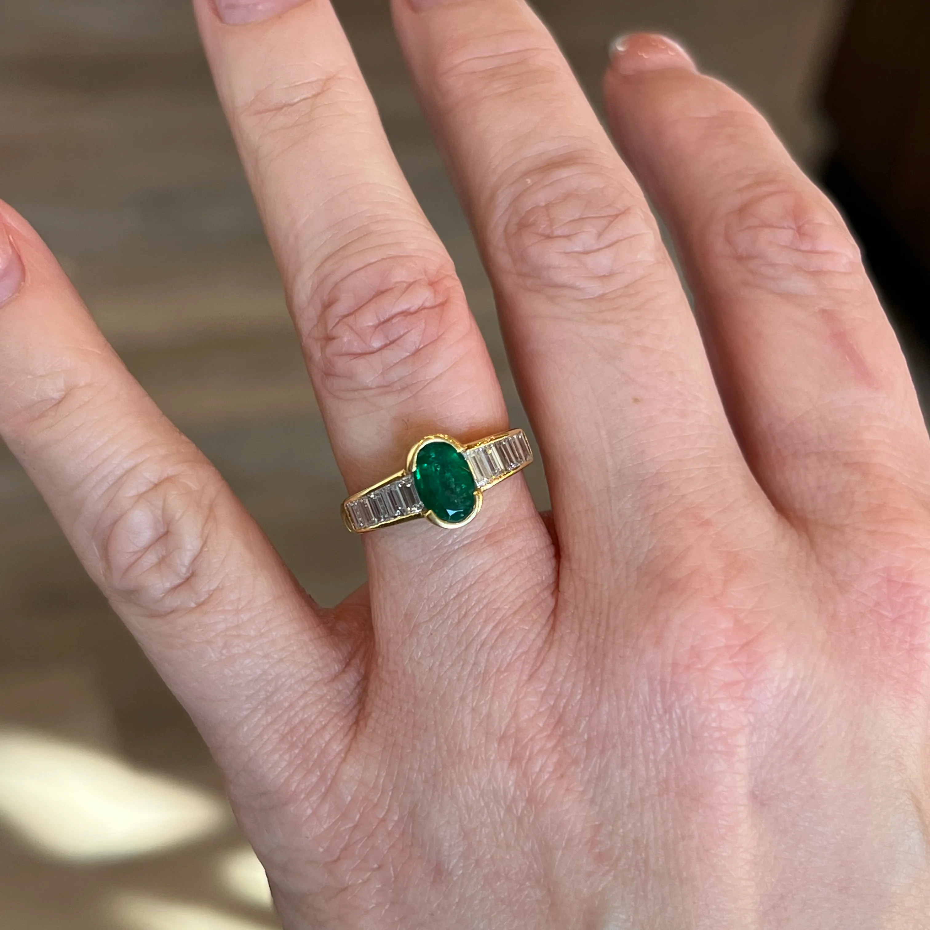 Half Bezel Set Emerald & Diamond Ring in 18k Yellow Gold - Image 6