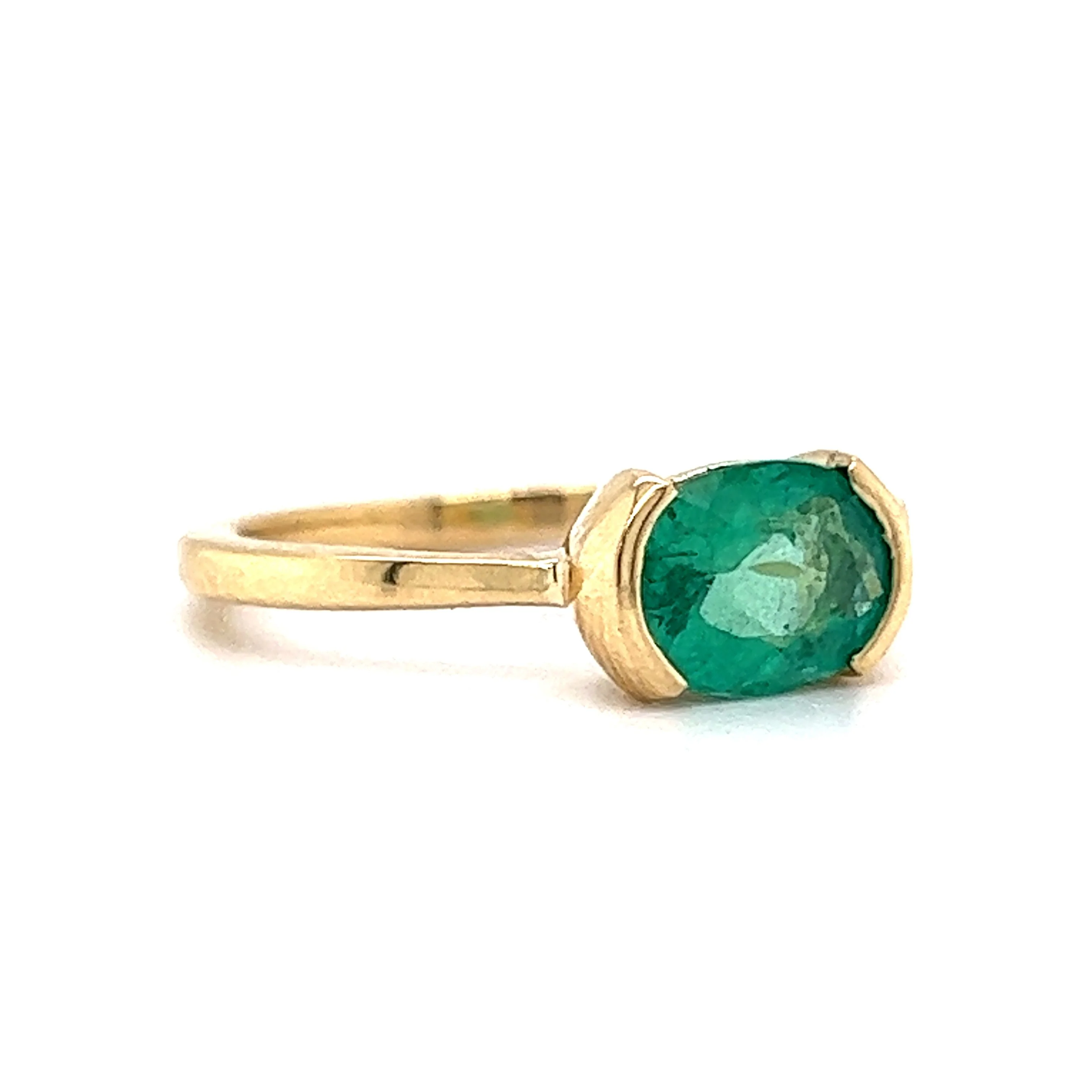 Half Bezel Set Oval Cut Emerald Ring in 14k Yellow Gold - Image 3