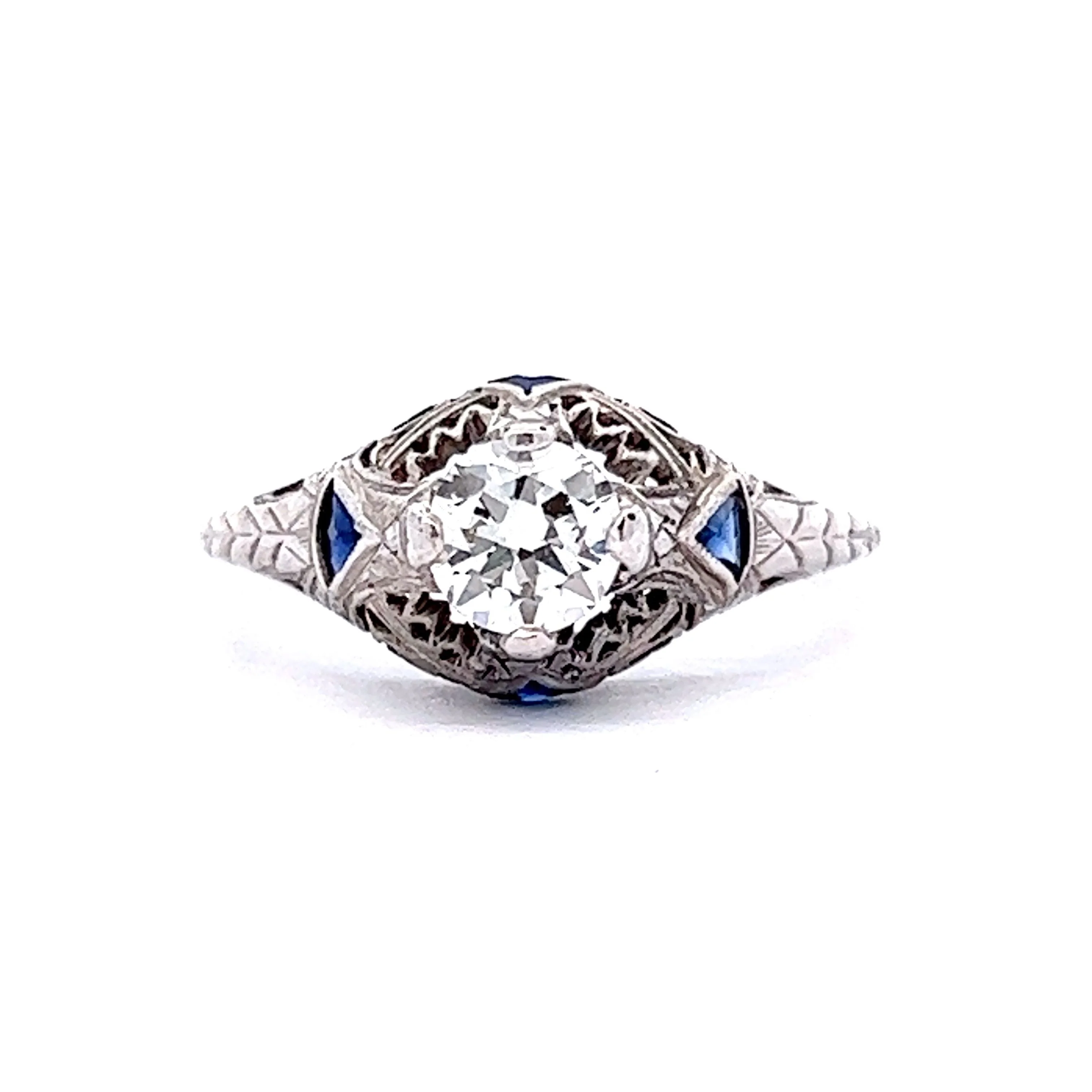 Half Carat Filigree Engagement Ring w/ Sapphires in 18k White Gold