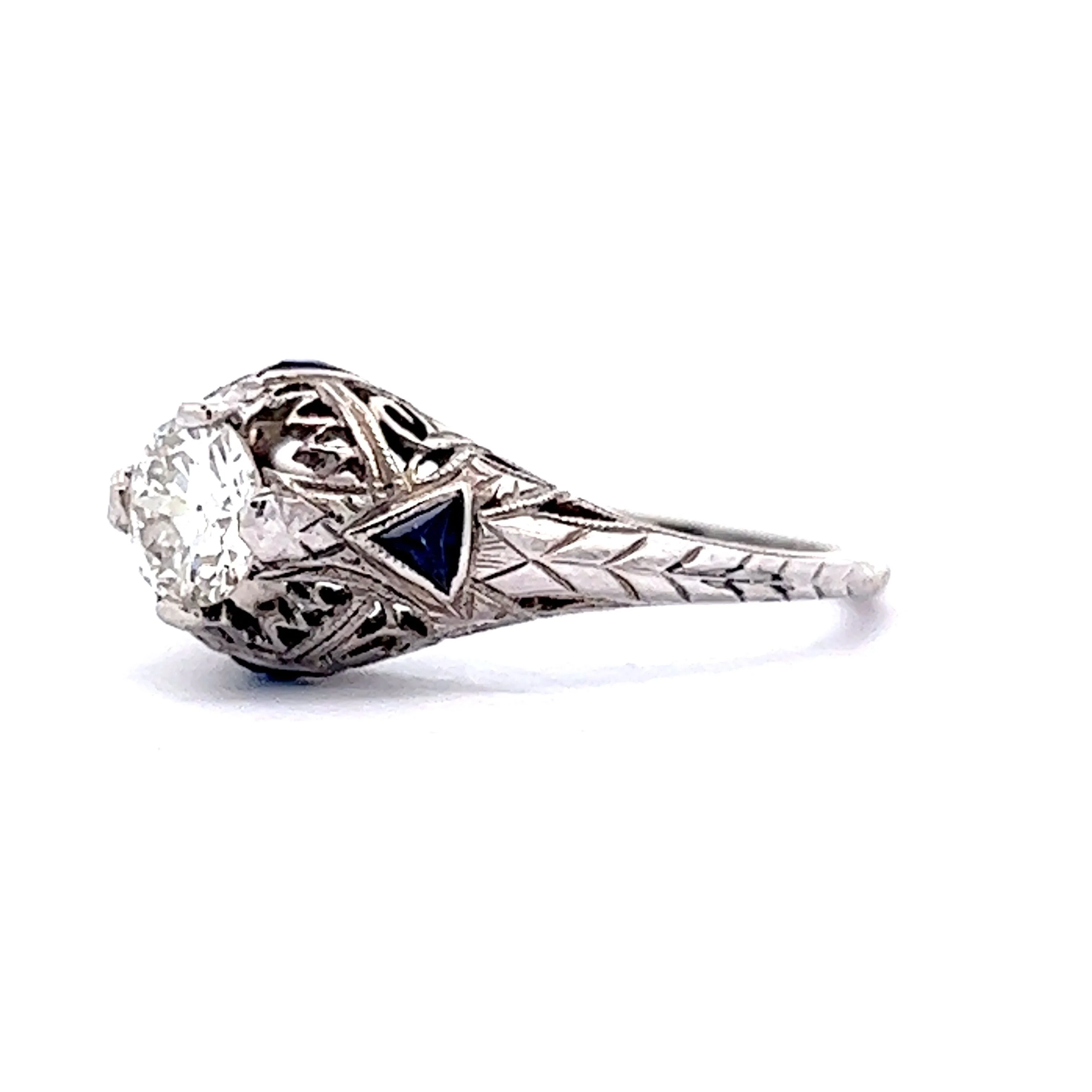 Half Carat Filigree Engagement Ring w/ Sapphires in 18k White Gold - Image 2