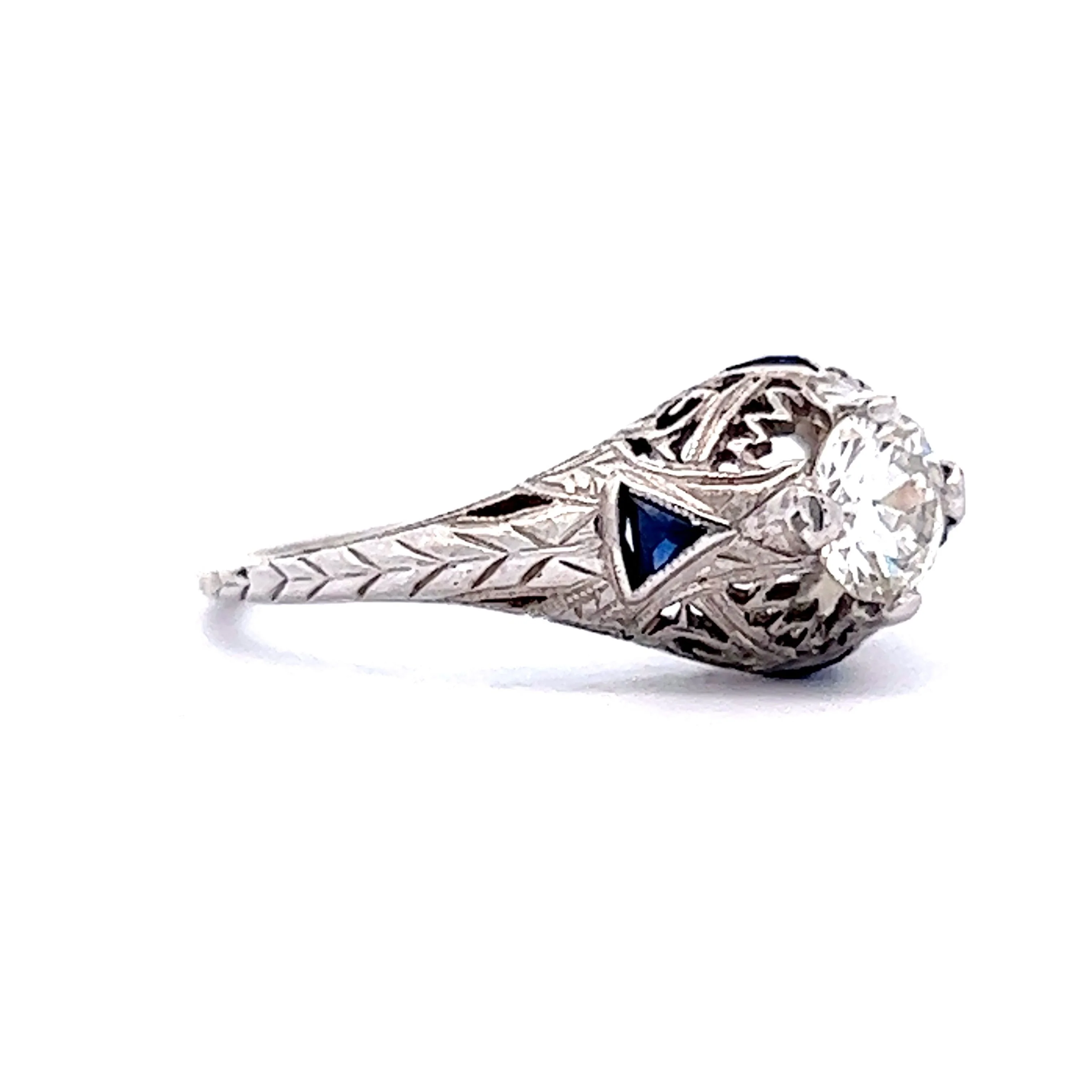 Half Carat Filigree Engagement Ring w/ Sapphires in 18k White Gold - Image 3