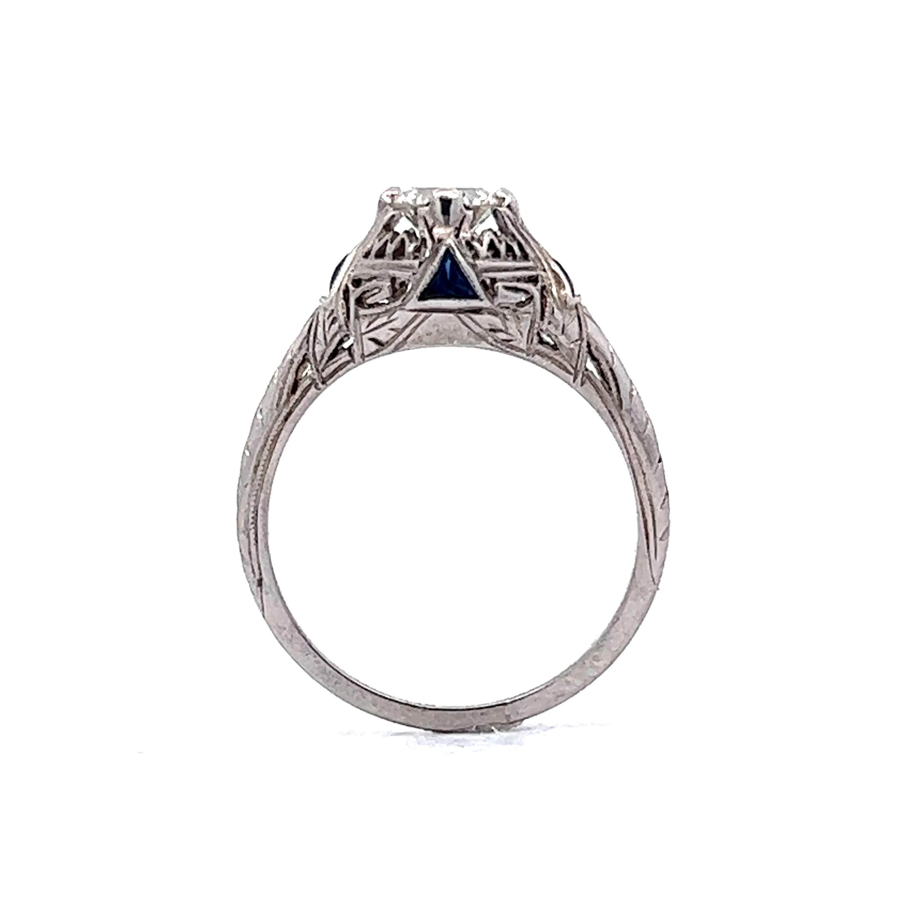 Half Carat Filigree Engagement Ring w/ Sapphires in 18k White Gold - Image 4