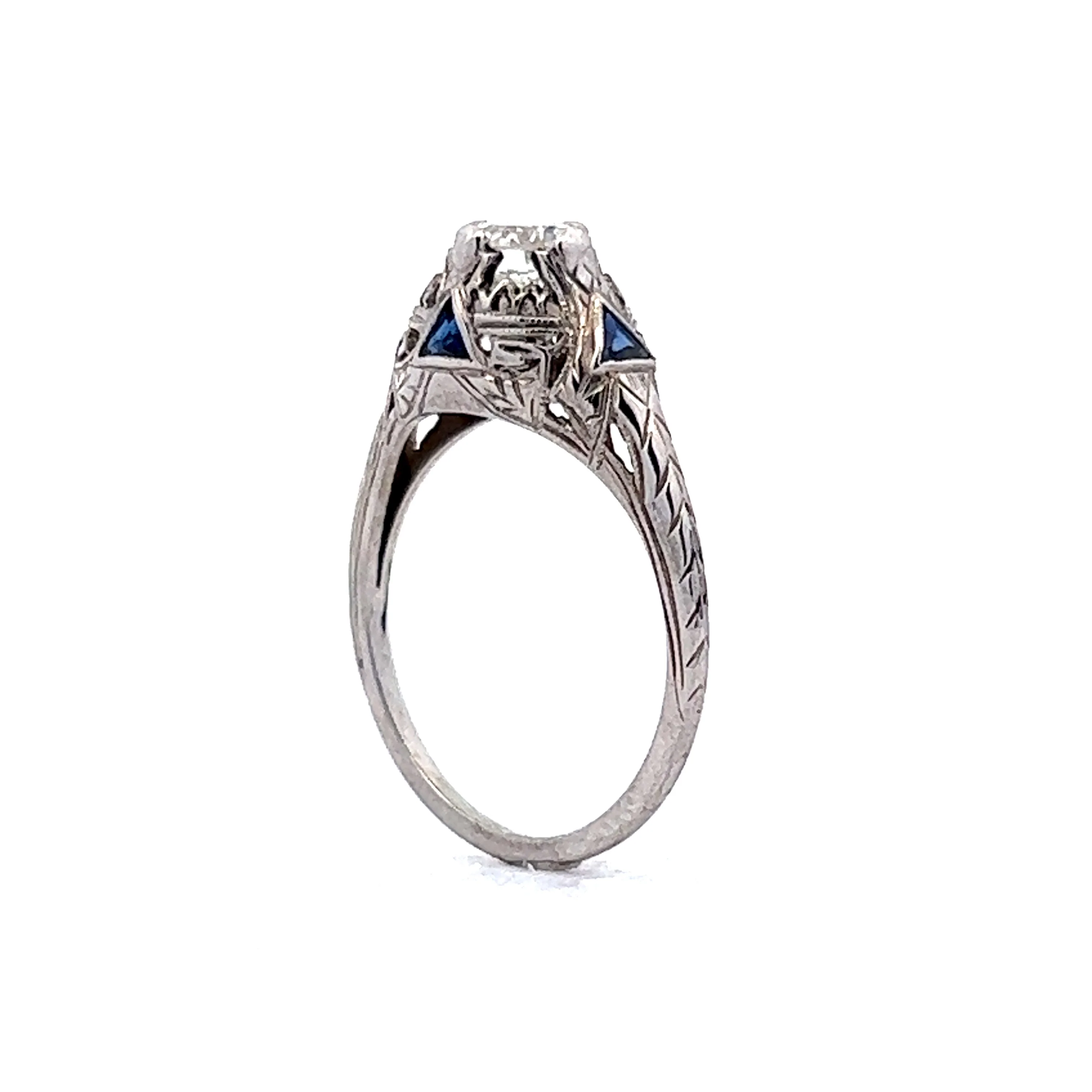 Half Carat Filigree Engagement Ring w/ Sapphires in 18k White Gold - Image 5