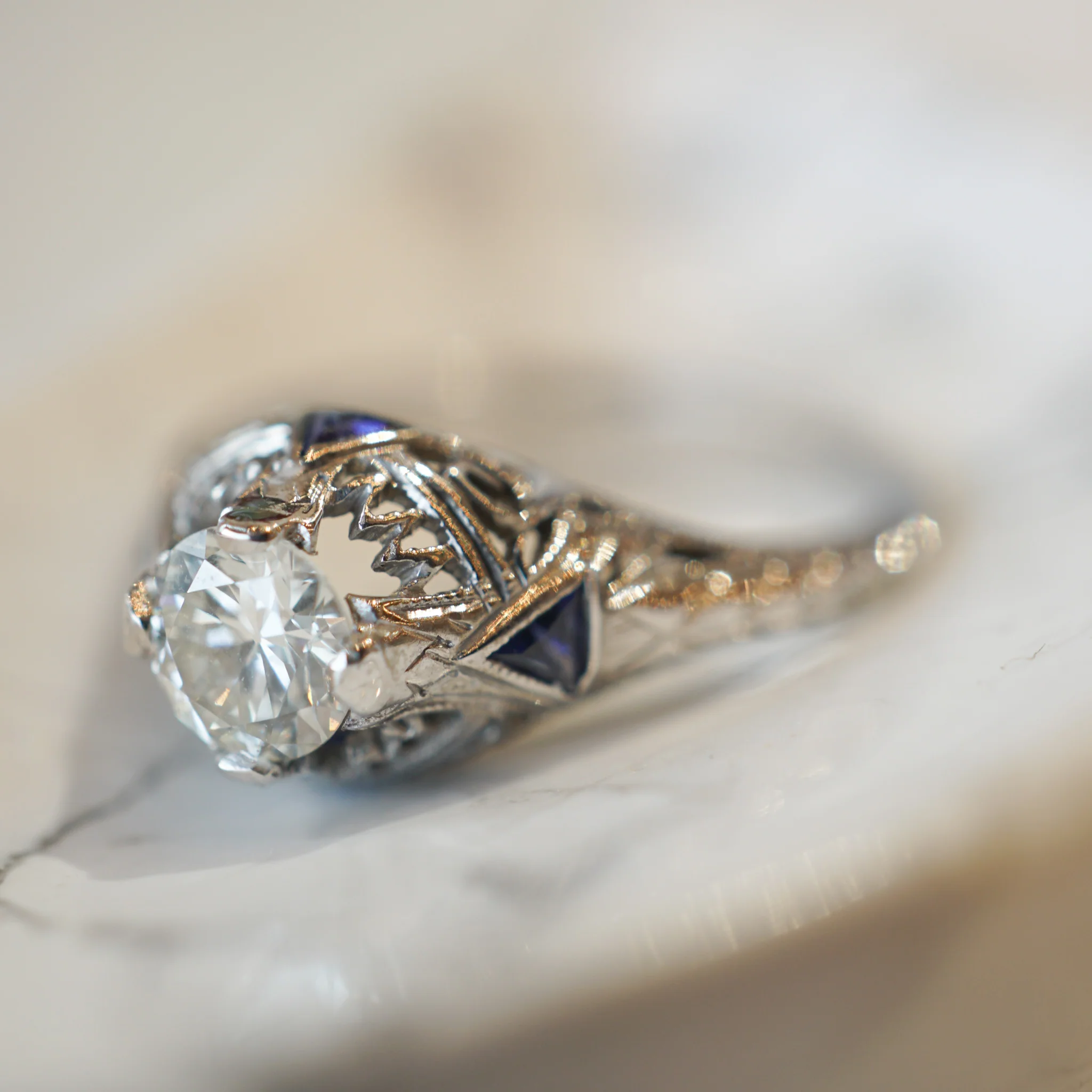 Half Carat Filigree Engagement Ring w/ Sapphires in 18k White Gold - Image 6