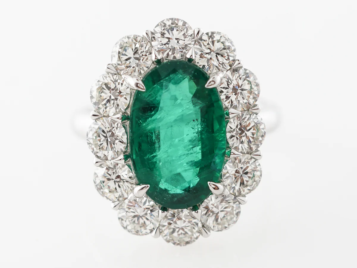 Halo Style Emerald & Diamond Cocktail Ring Platinum