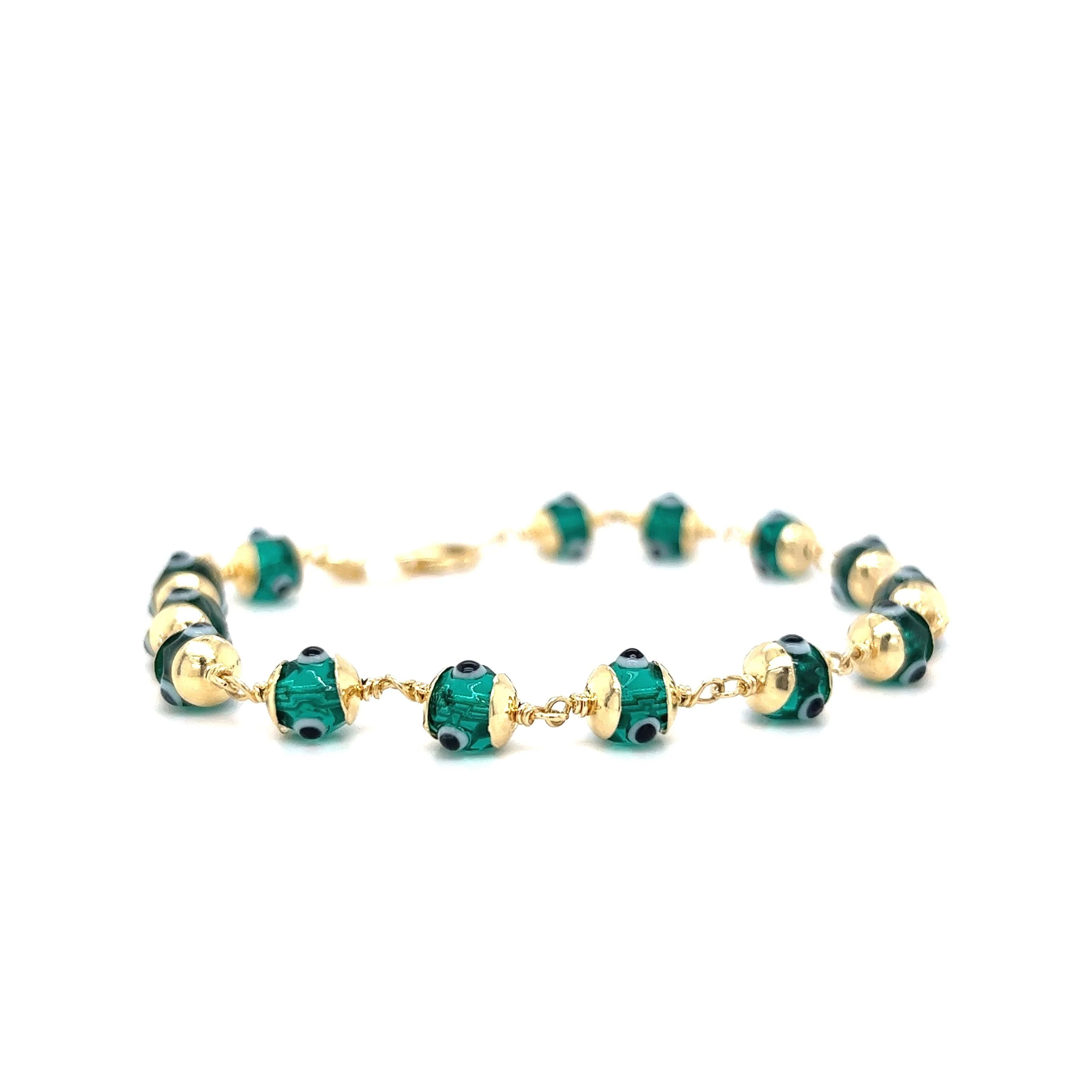 Hand Painted Green Glass Bead Evil Eye Bracelet in 14k Gold - Image 3