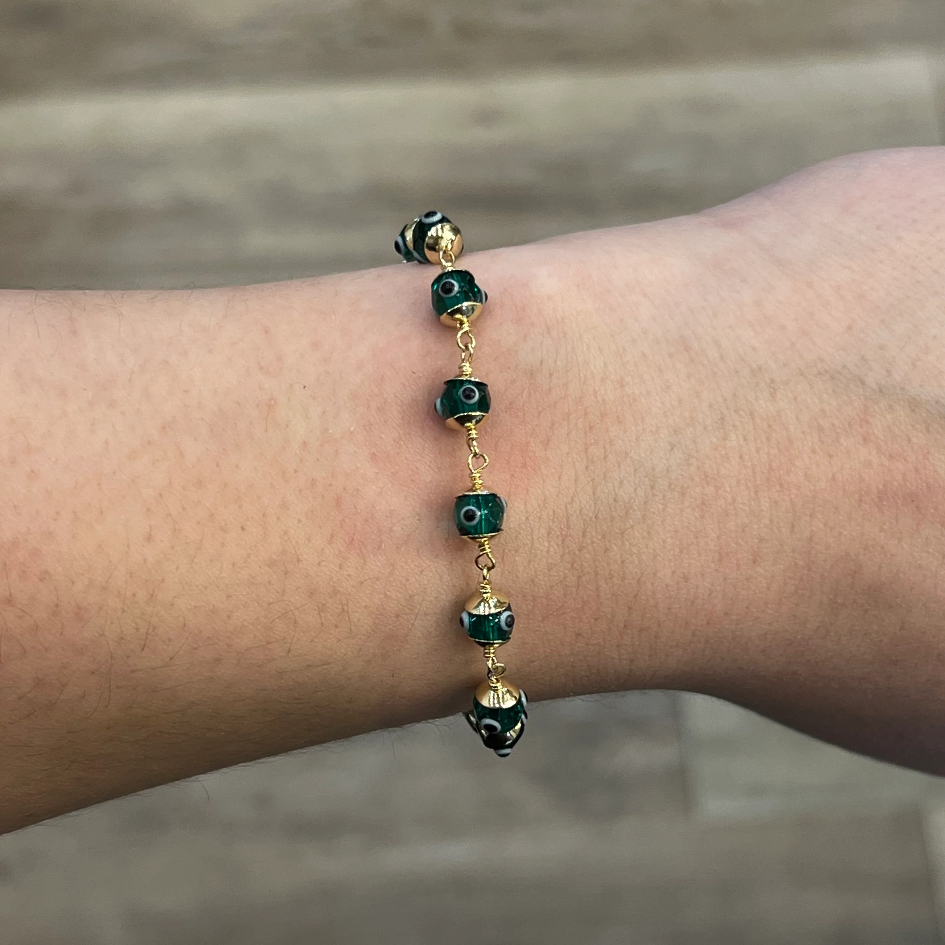 Hand Painted Green Glass Bead Evil Eye Bracelet in 14k Gold - Image 5
