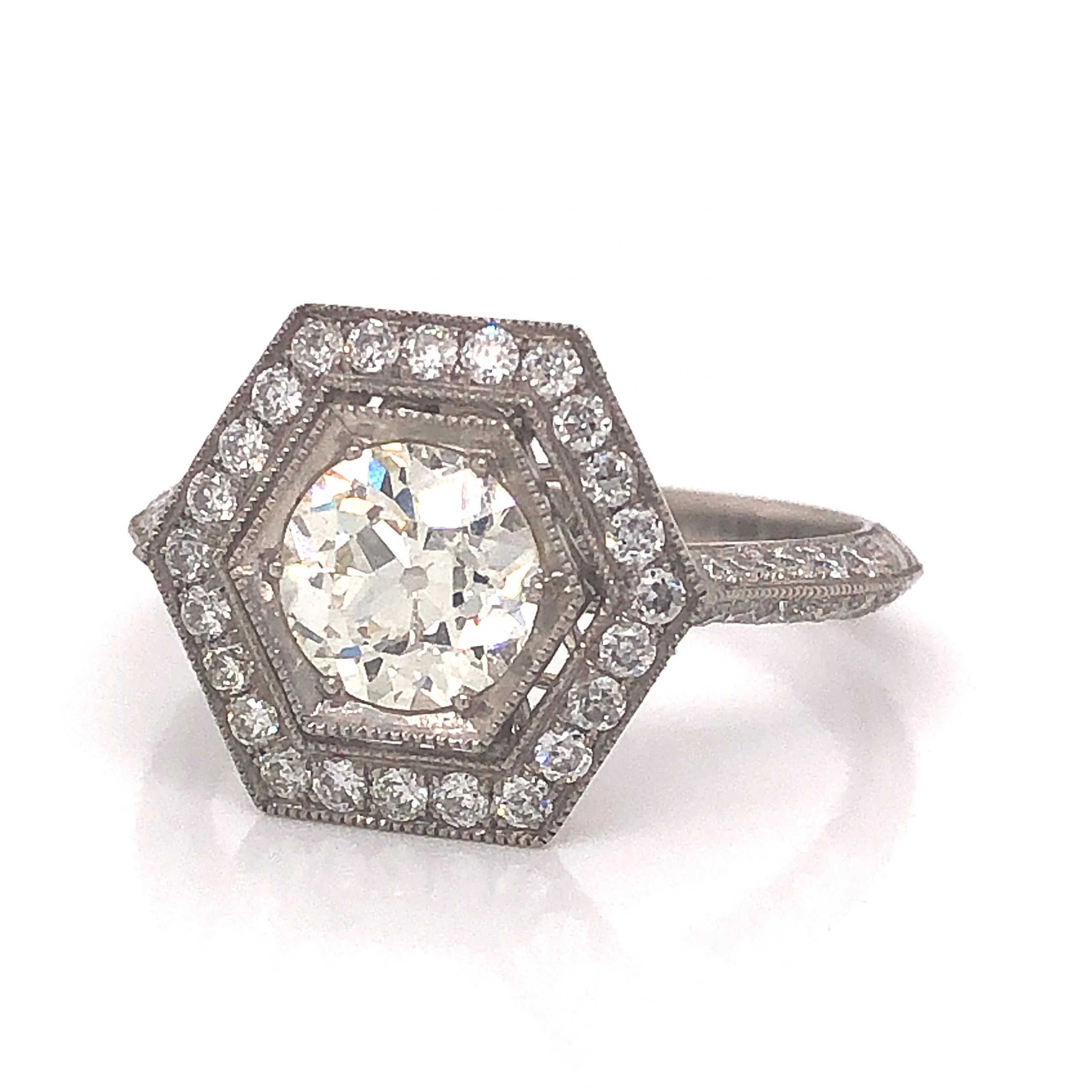 Hexagon Antique Inspired Diamond Engagement Ring in Platinum - Image 2