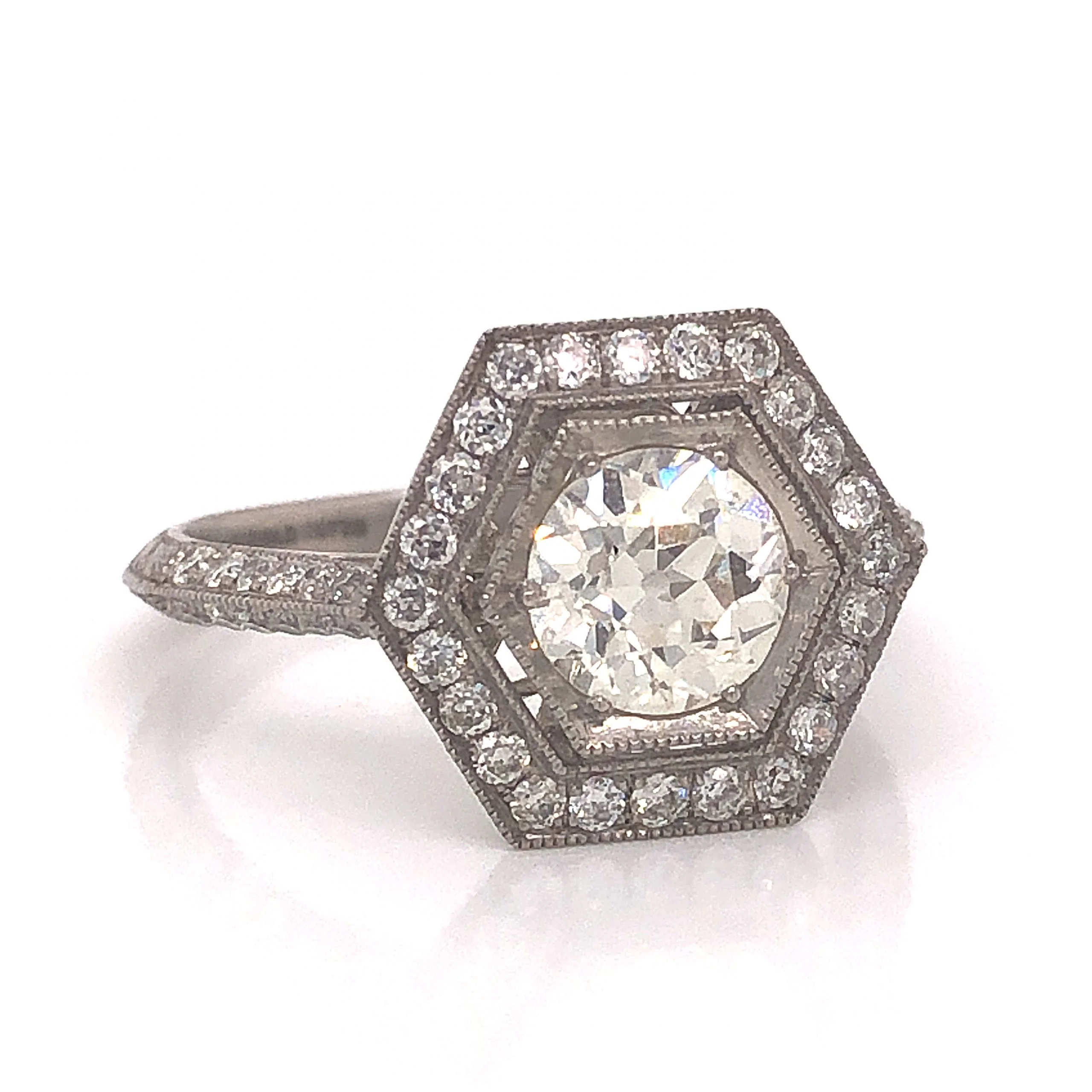 Hexagon Antique Inspired Diamond Engagement Ring in Platinum - Image 3