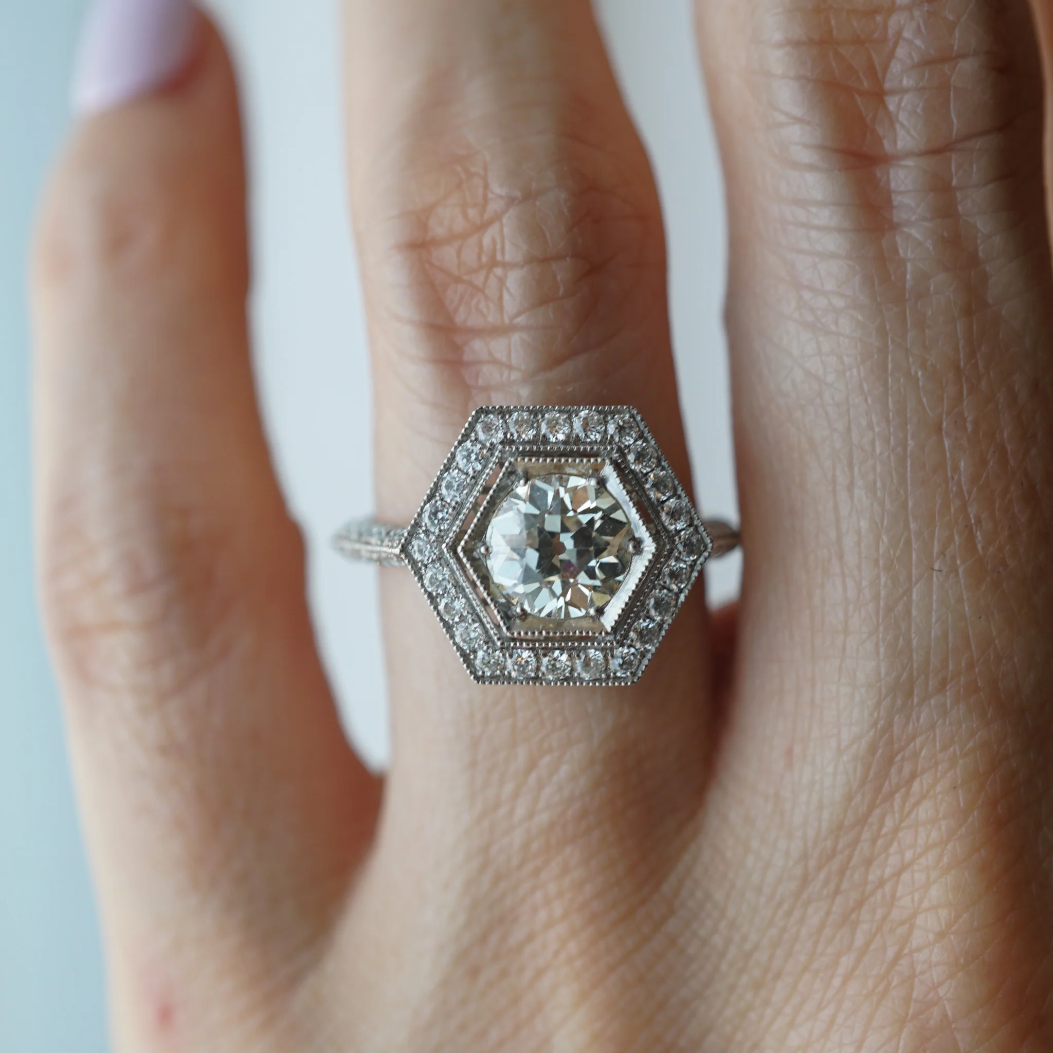 Hexagon Antique Inspired Diamond Engagement Ring in Platinum - Image 6
