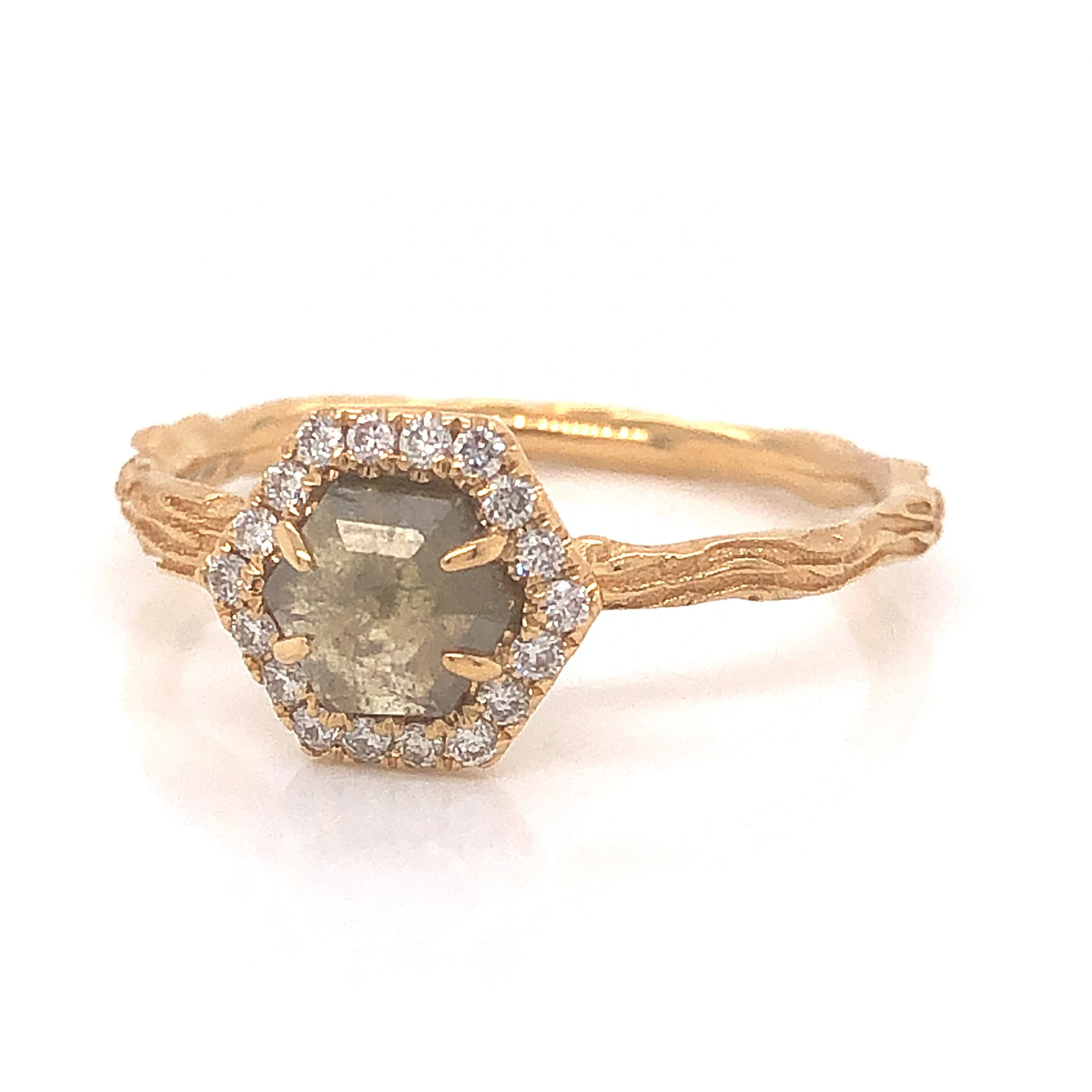 Hexagon Rustic Diamond Engagement Ring in 18k Yellow Gold - Image 2