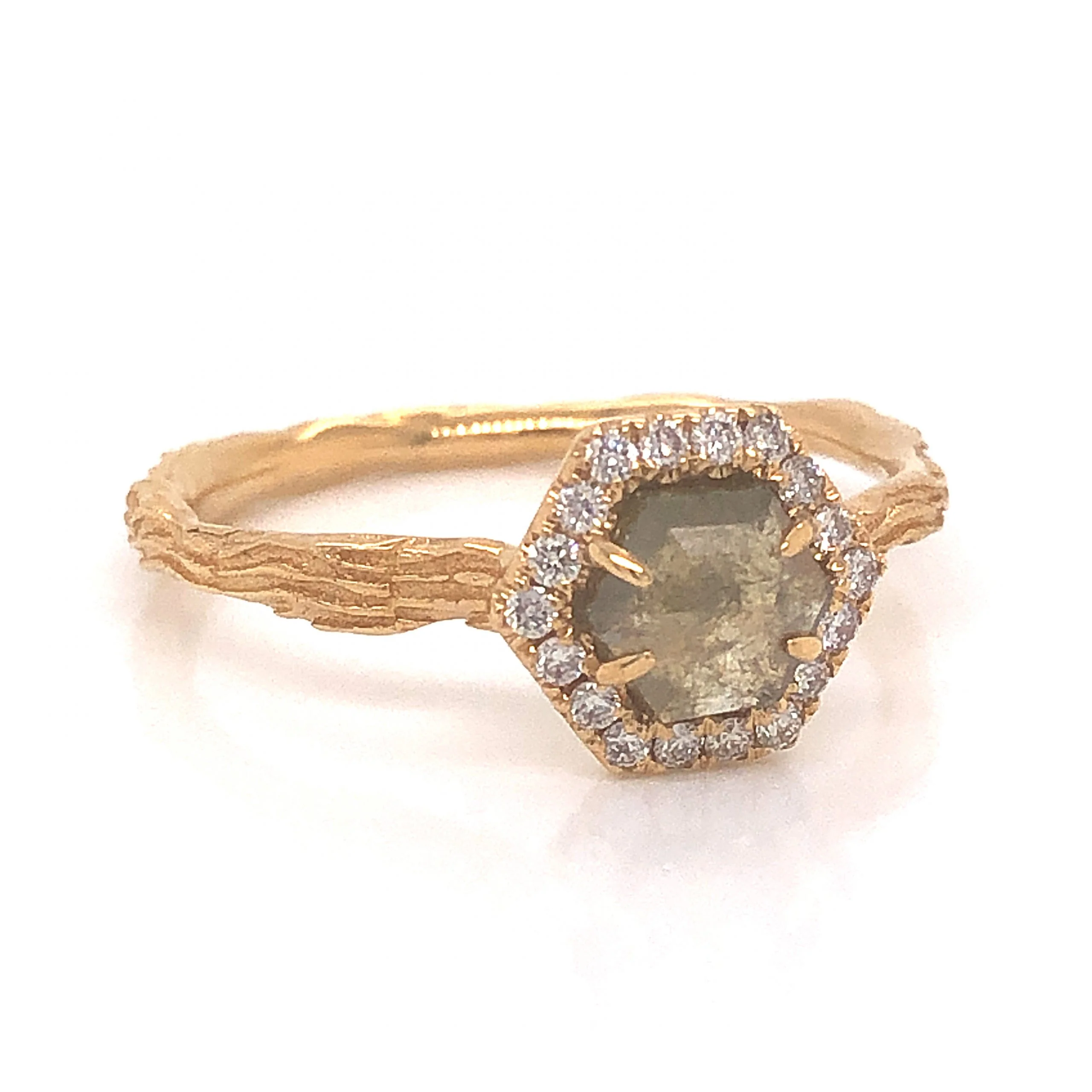 Hexagon Rustic Diamond Engagement Ring in 18k Yellow Gold - Image 3