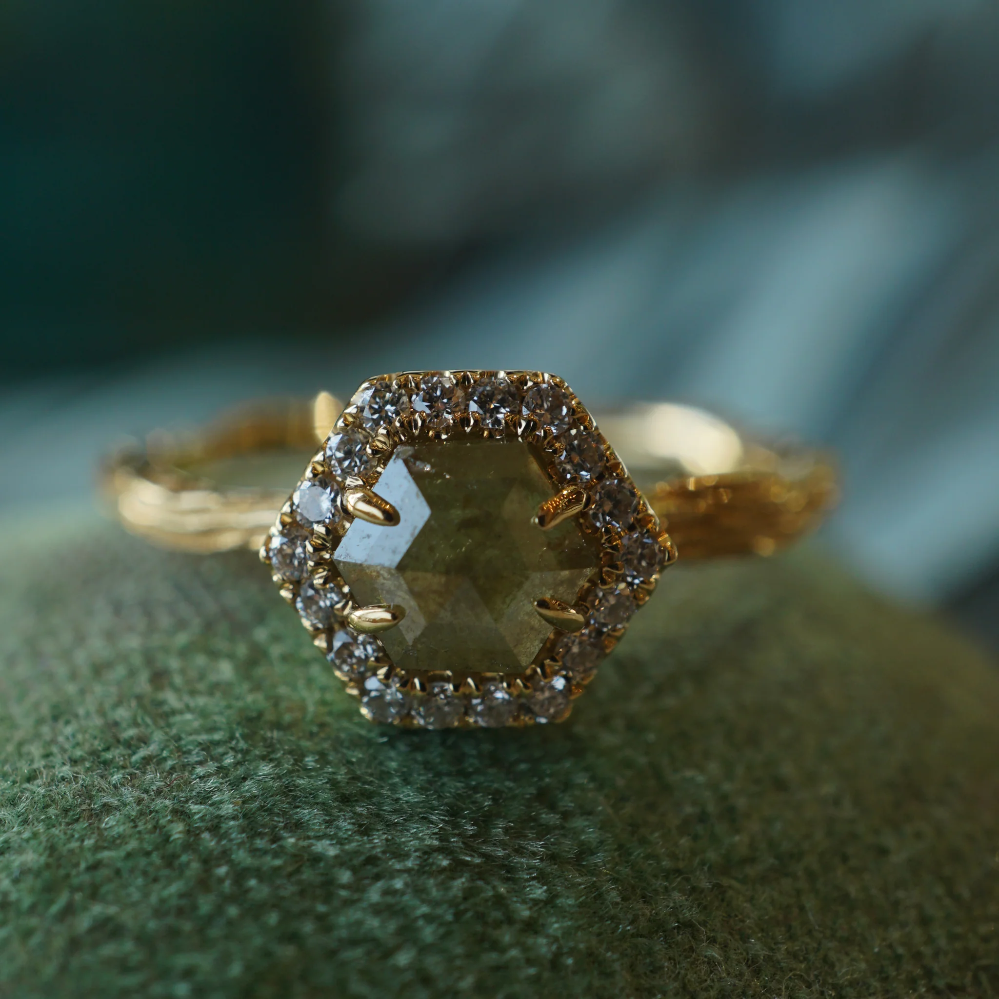 Hexagon Rustic Diamond Engagement Ring in 18k Yellow Gold - Image 6