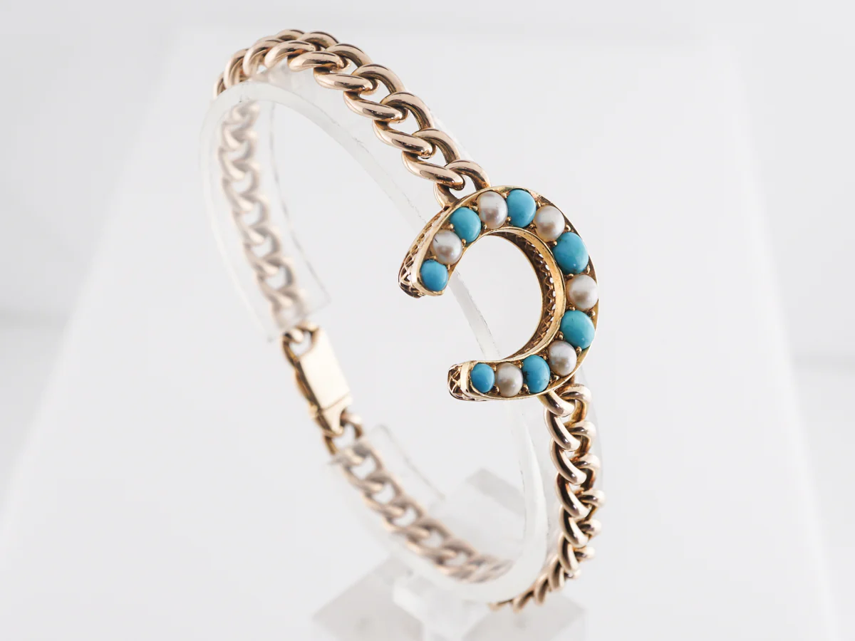 Howell James & Co. Pearl and Turquoise Horseshoe Bracelet - Image 6