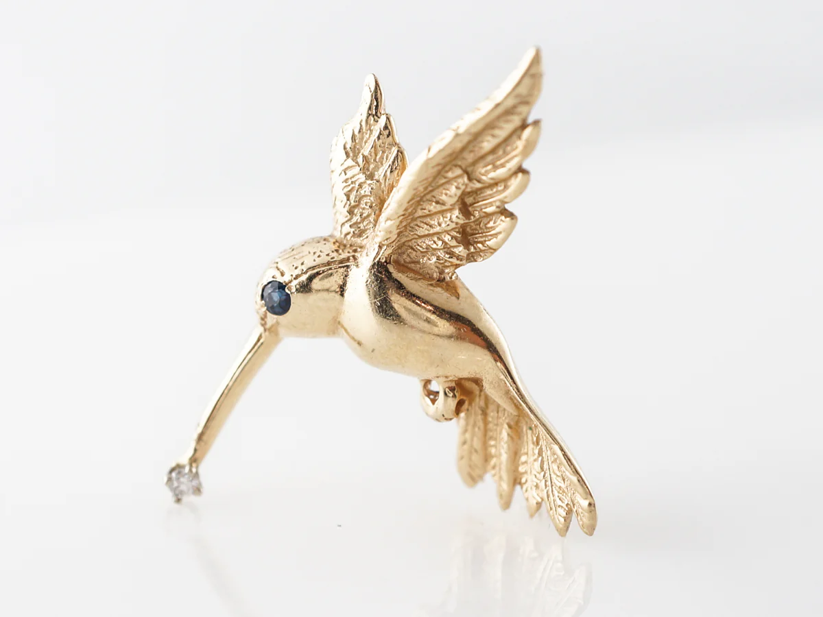 Hummingbird Brooch w/ Sapphire & Diamond in Yellow Gold - Image 2
