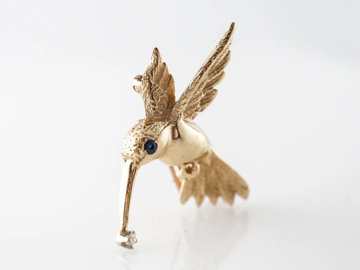 Hummingbird Brooch w/ Sapphire & Diamond in Yellow Gold - Image 3
