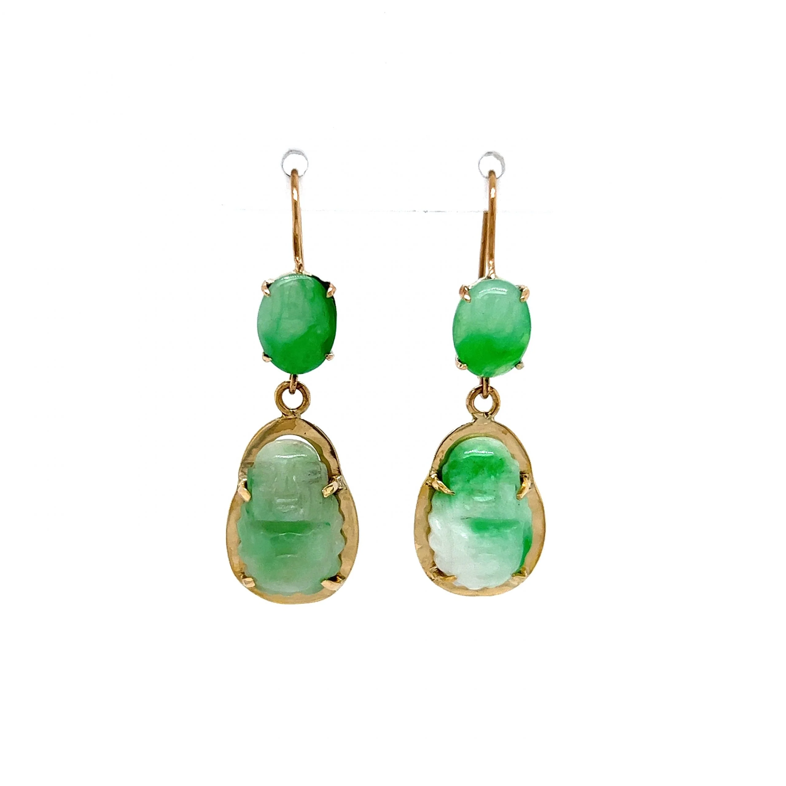 Jade Buddha Drop Earrings in 14k Yellow Gold