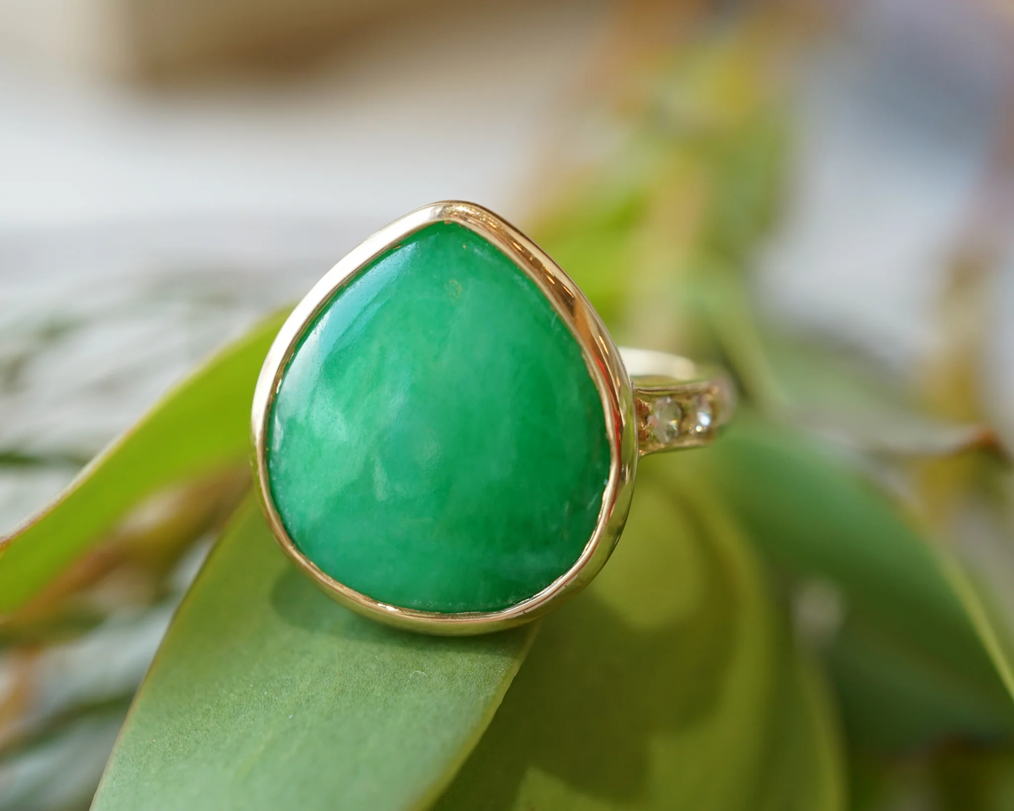 Jade & Diamond Cocktail Ring in 14k Yellow Gold - Image 5
