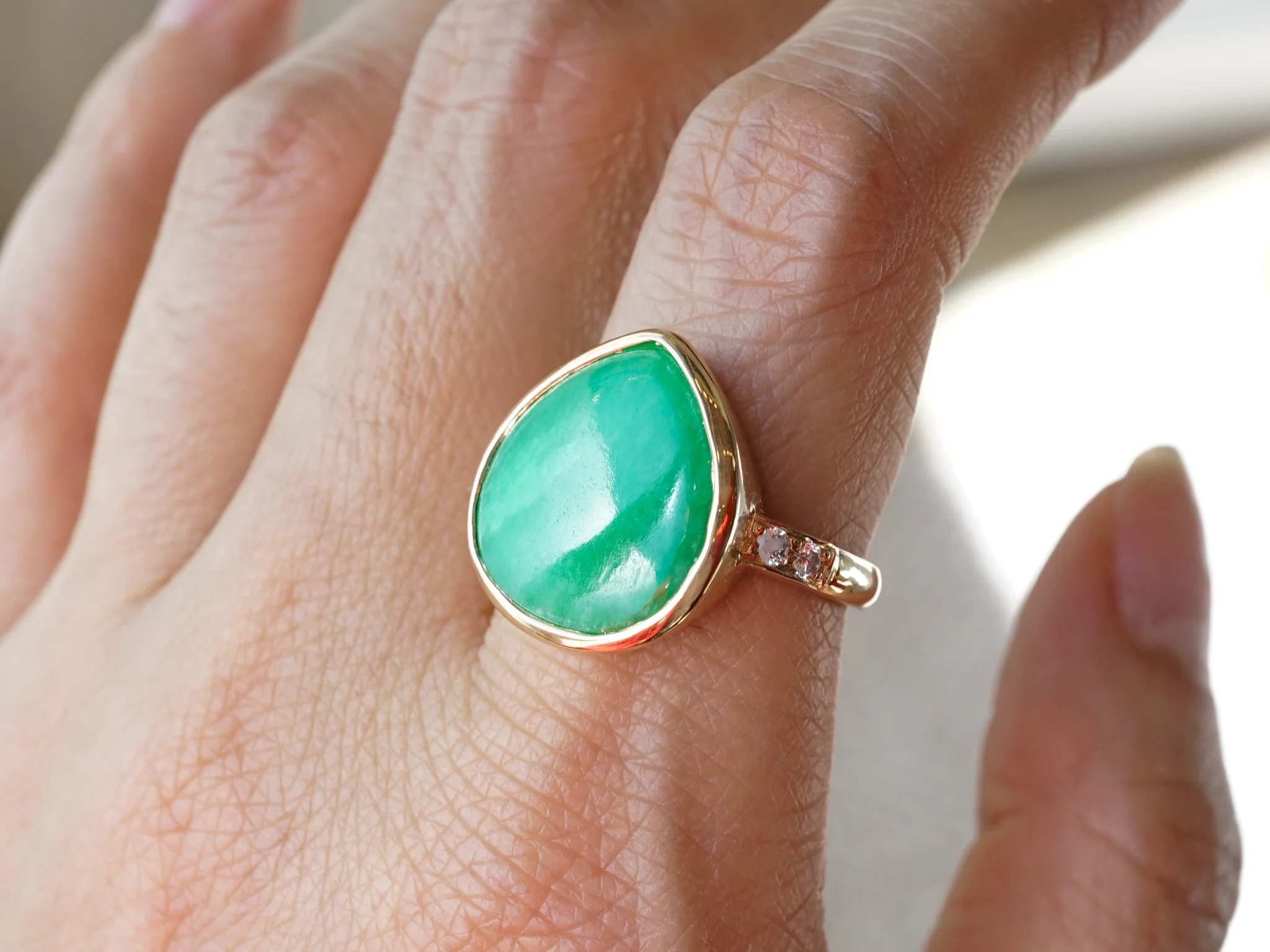 Jade & Diamond Cocktail Ring in 14k Yellow Gold - Image 6