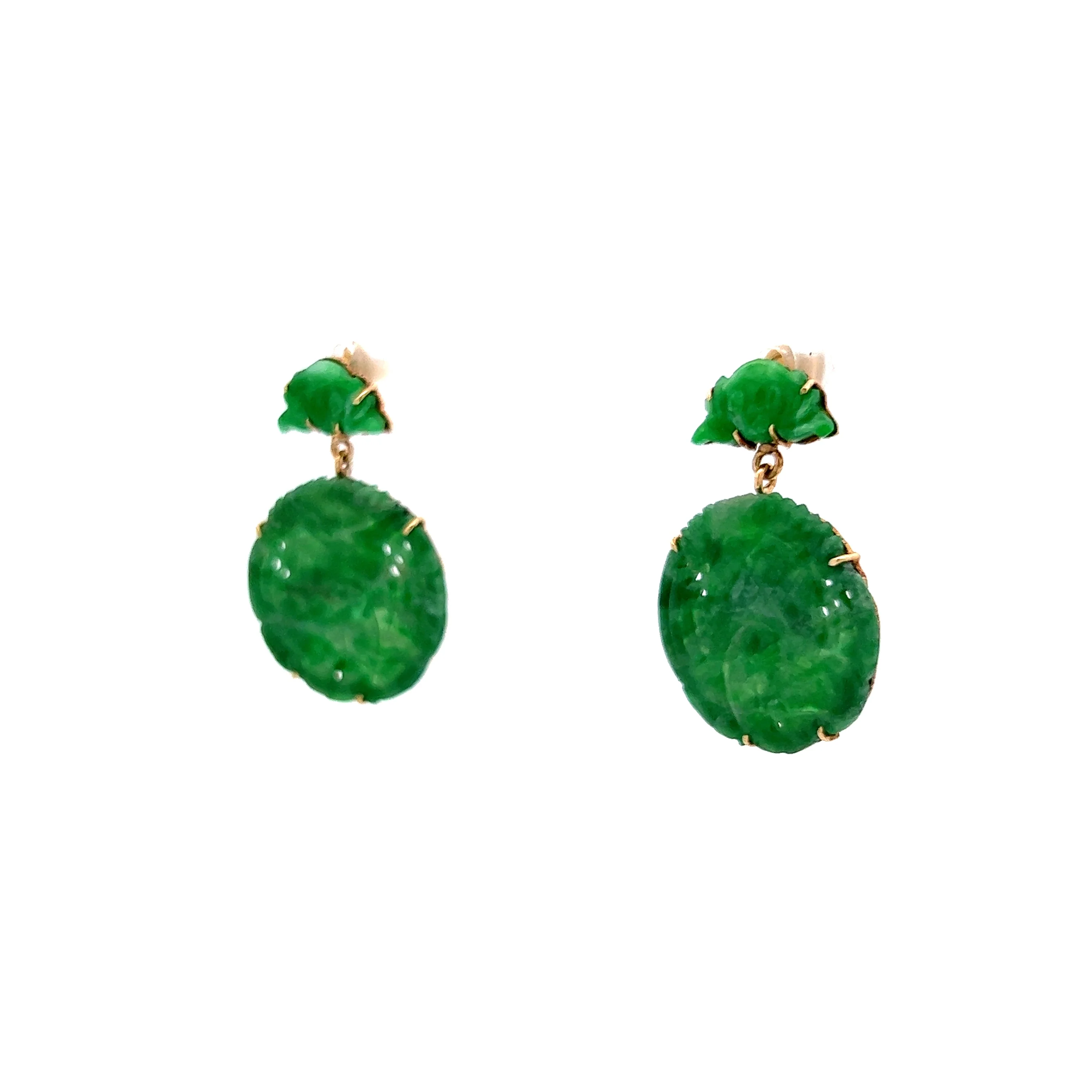 Cabochon Cut Jadeite Drop Earrings in 14k Yellow Gold - Image 2