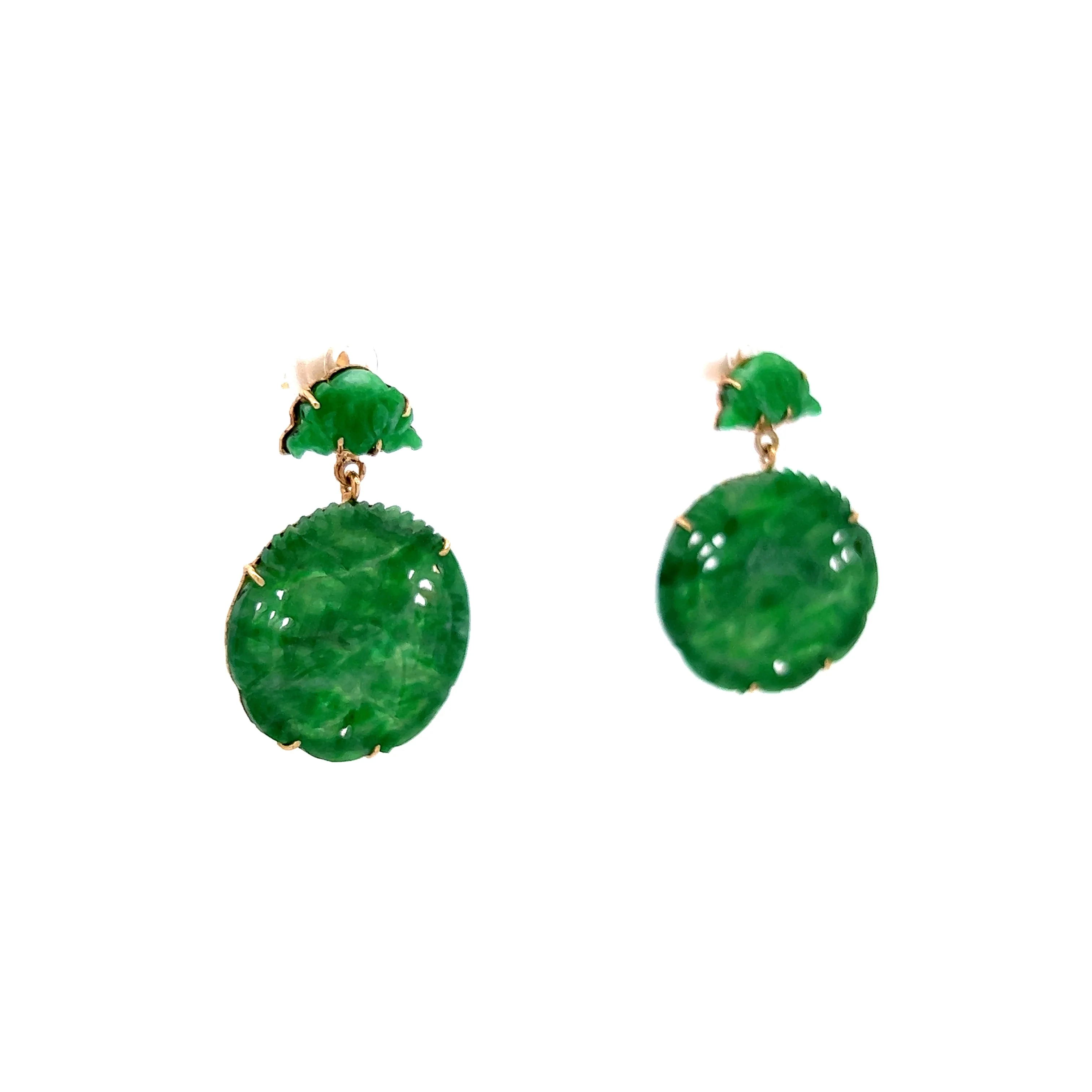 Cabochon Cut Jadeite Drop Earrings in 14k Yellow Gold - Image 3