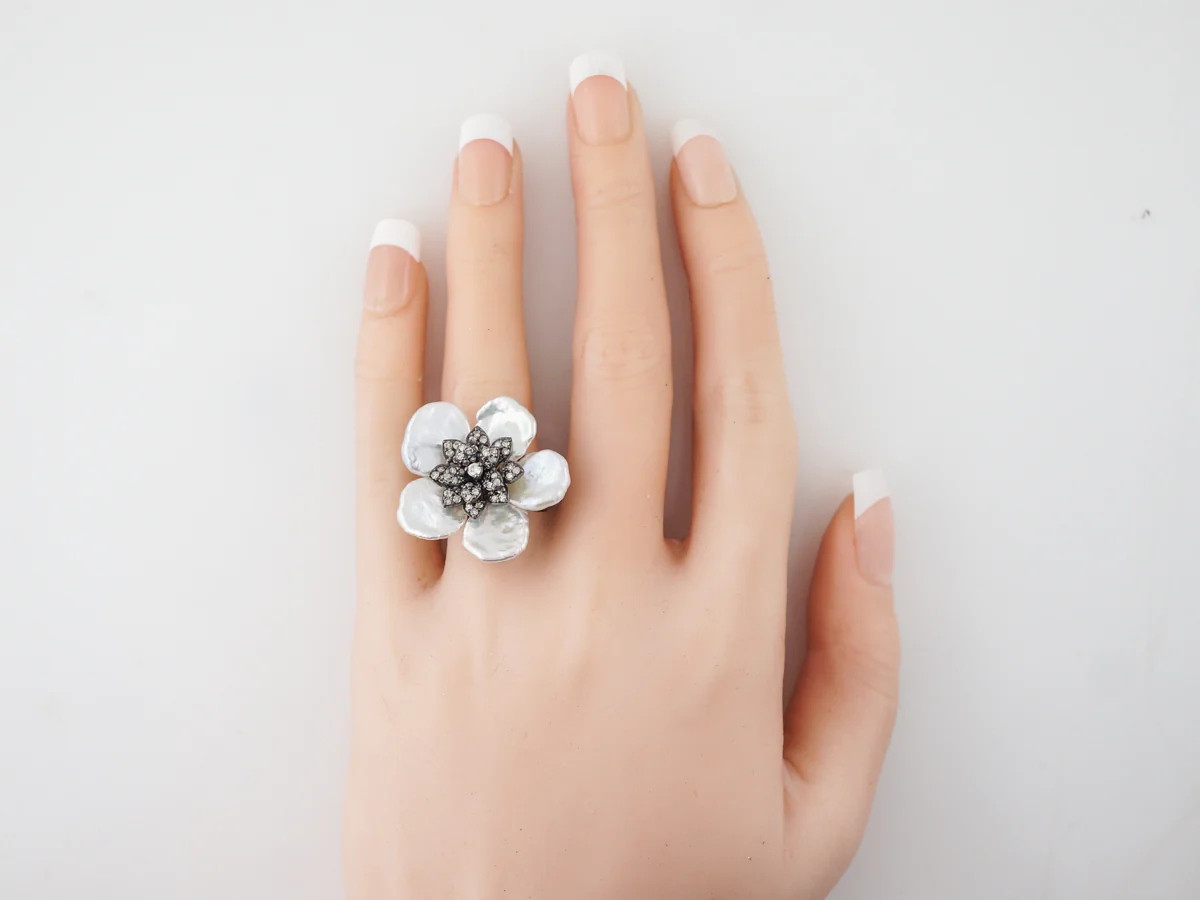 Keshi Pearl & Diamond Floral Cocktail Ring in Sterling Silver - Image 5