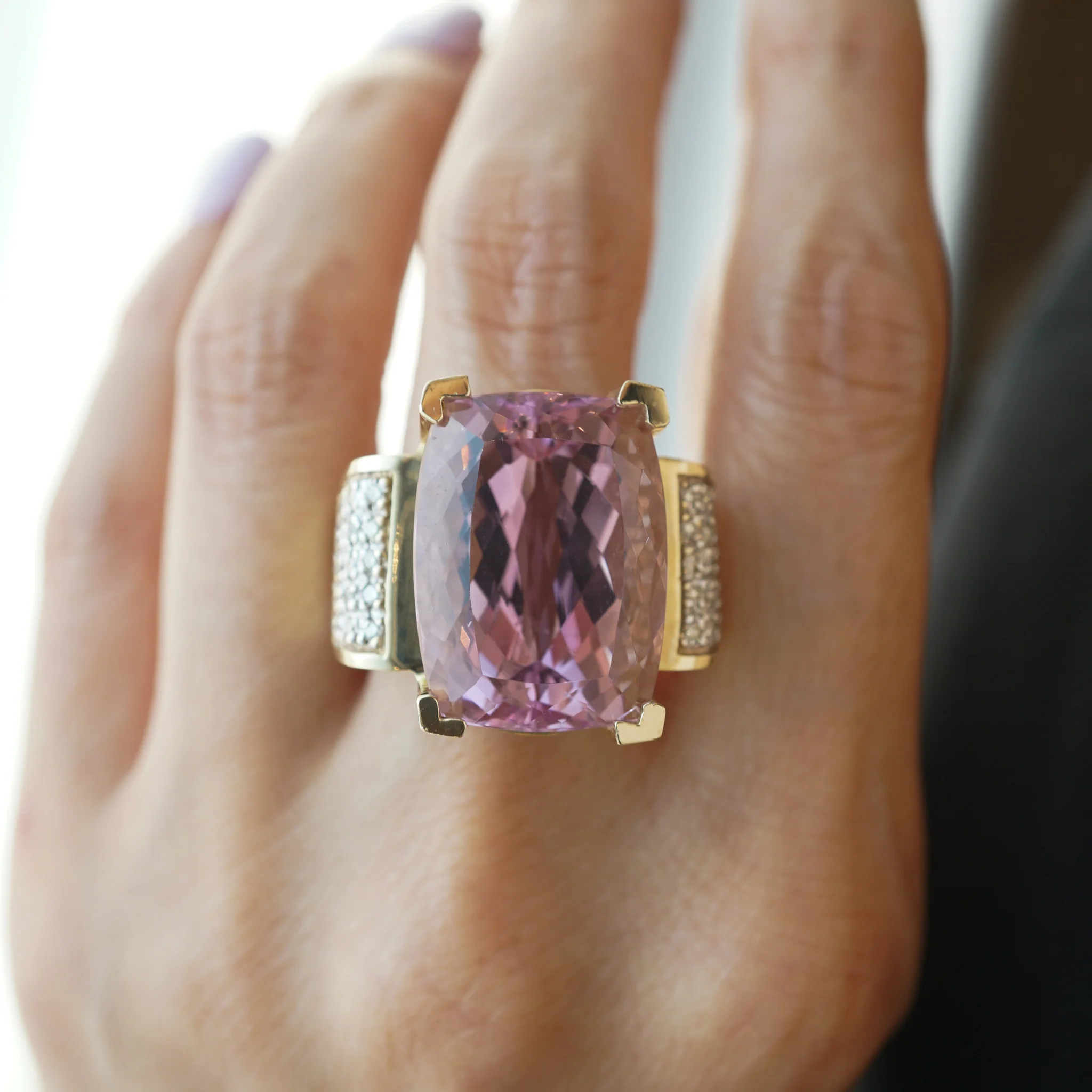 Kunzite & Diamond Cocktail Ring in 14k Yellow Gold - Image 6