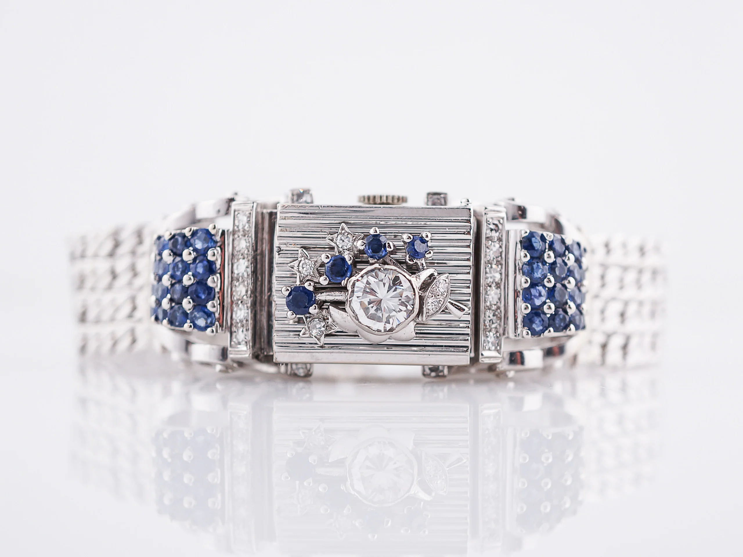 Ladies Vintage Mid-Century Watch Lucien Piccard Diamond & Sapphire in 14k White Gold