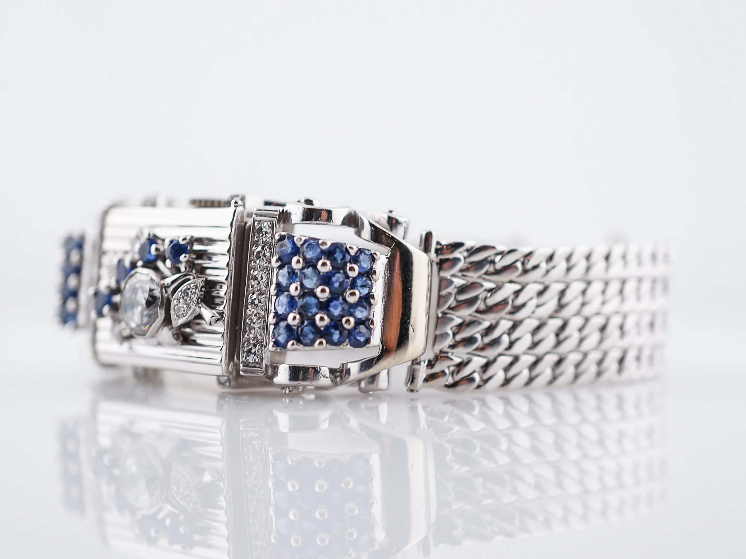 Ladies Vintage Mid-Century Watch Lucien Piccard Diamond & Sapphire in 14k White Gold - Image 3