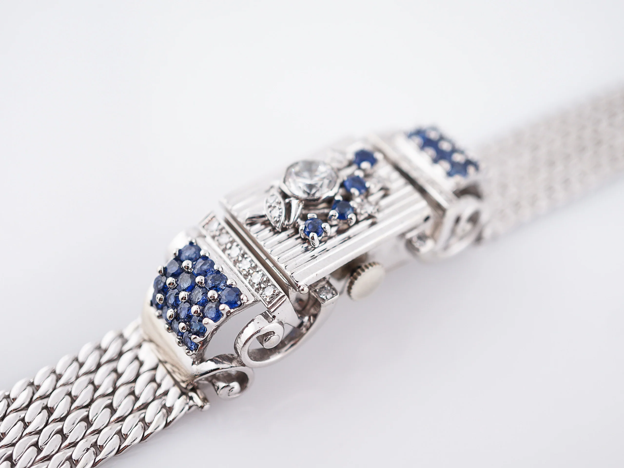 Ladies Vintage Mid-Century Watch Lucien Piccard Diamond & Sapphire in 14k White Gold - Image 5