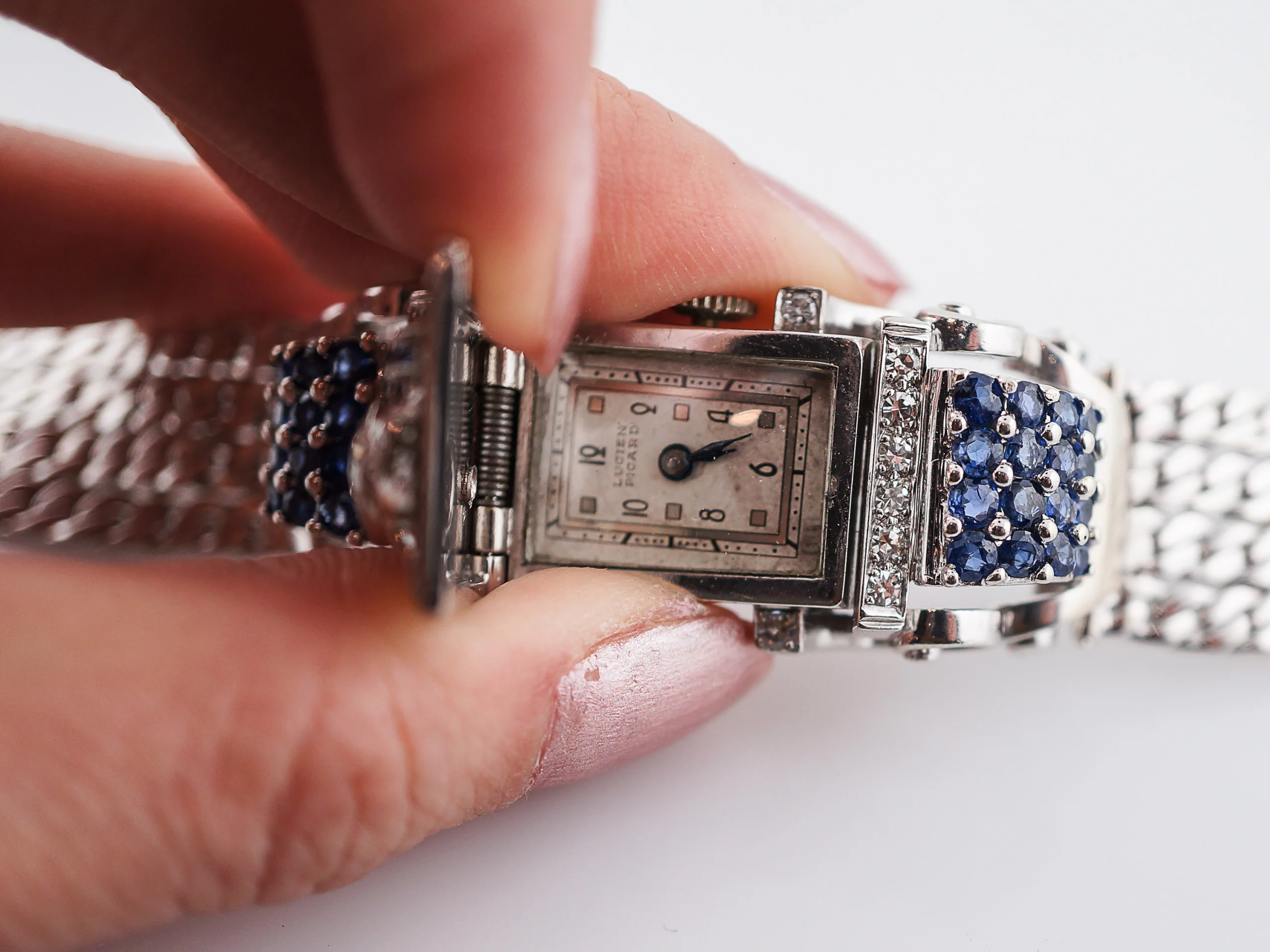 Ladies Vintage Mid-Century Watch Lucien Piccard Diamond & Sapphire in 14k White Gold - Image 6