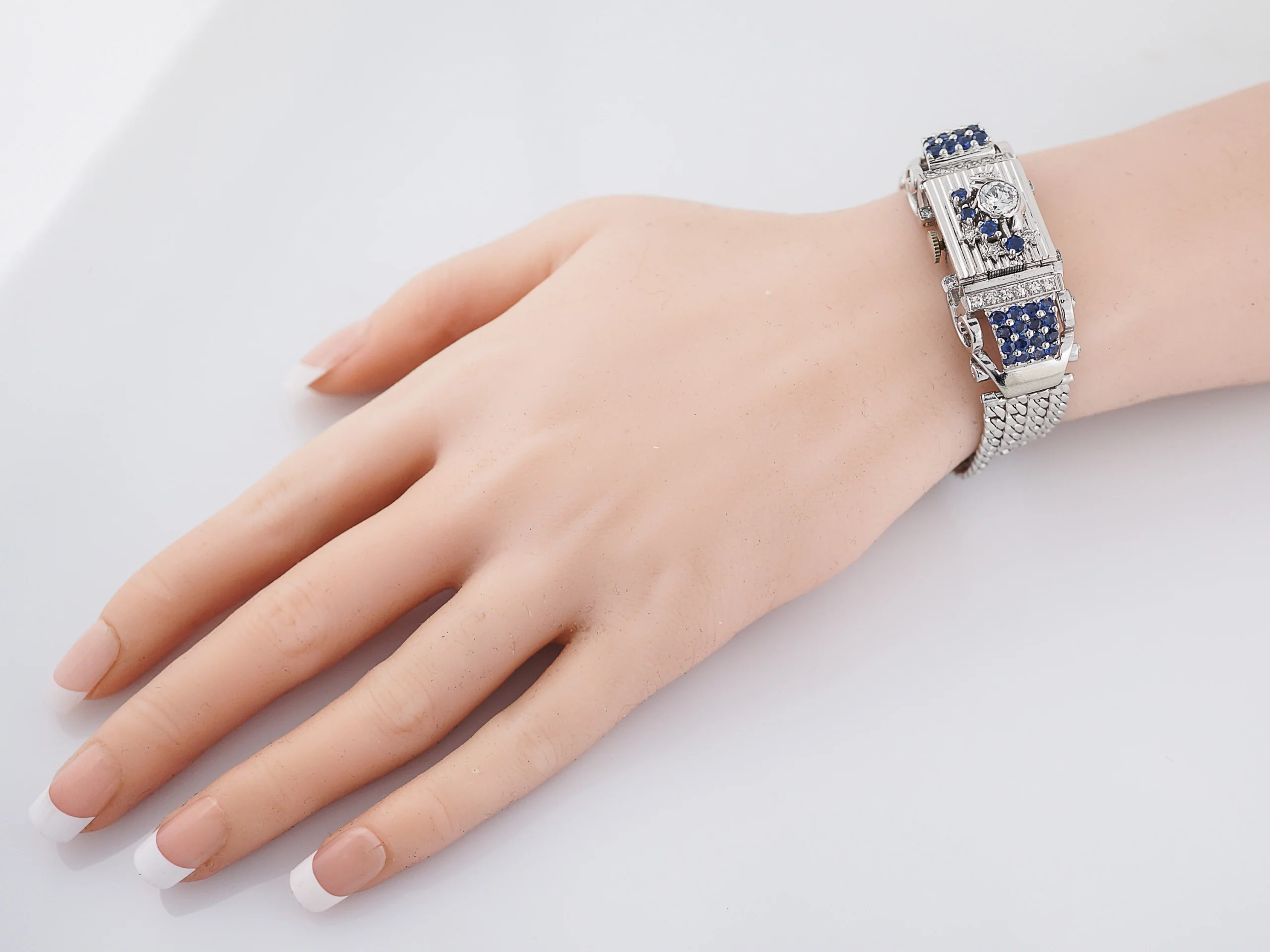 Ladies Vintage Mid-Century Watch Lucien Piccard Diamond & Sapphire in 14k White Gold - Image 7