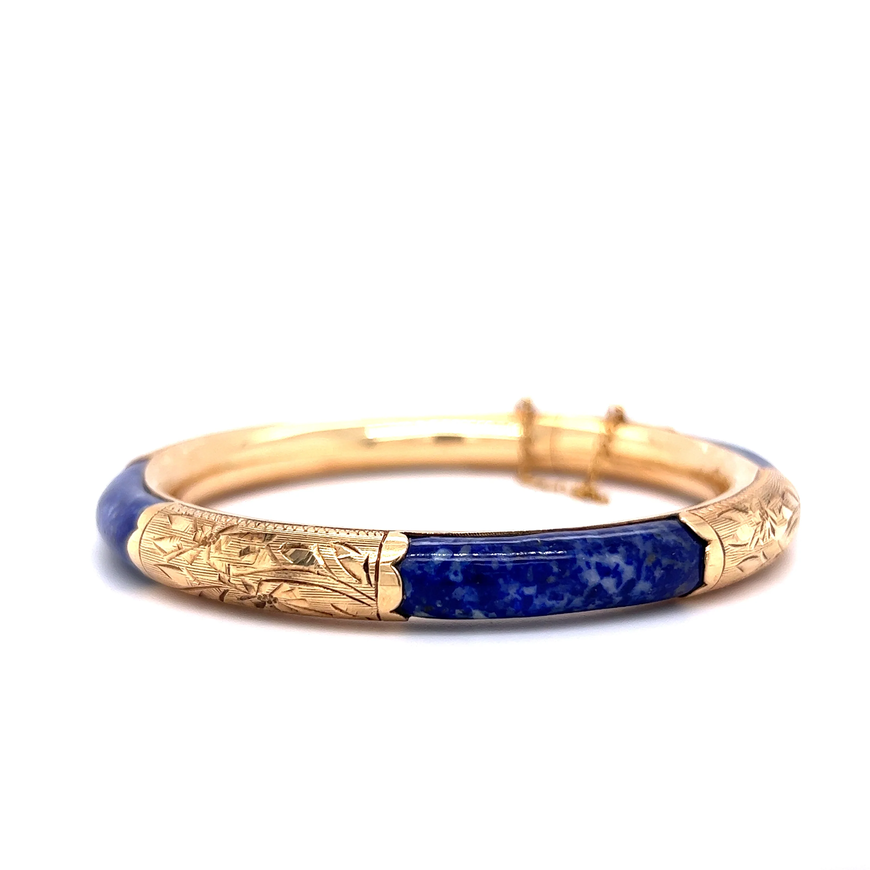 Vintage Mid-Century Lapis Lazuli Bangle Bracelet in 14k Yellow Gold - Image 2