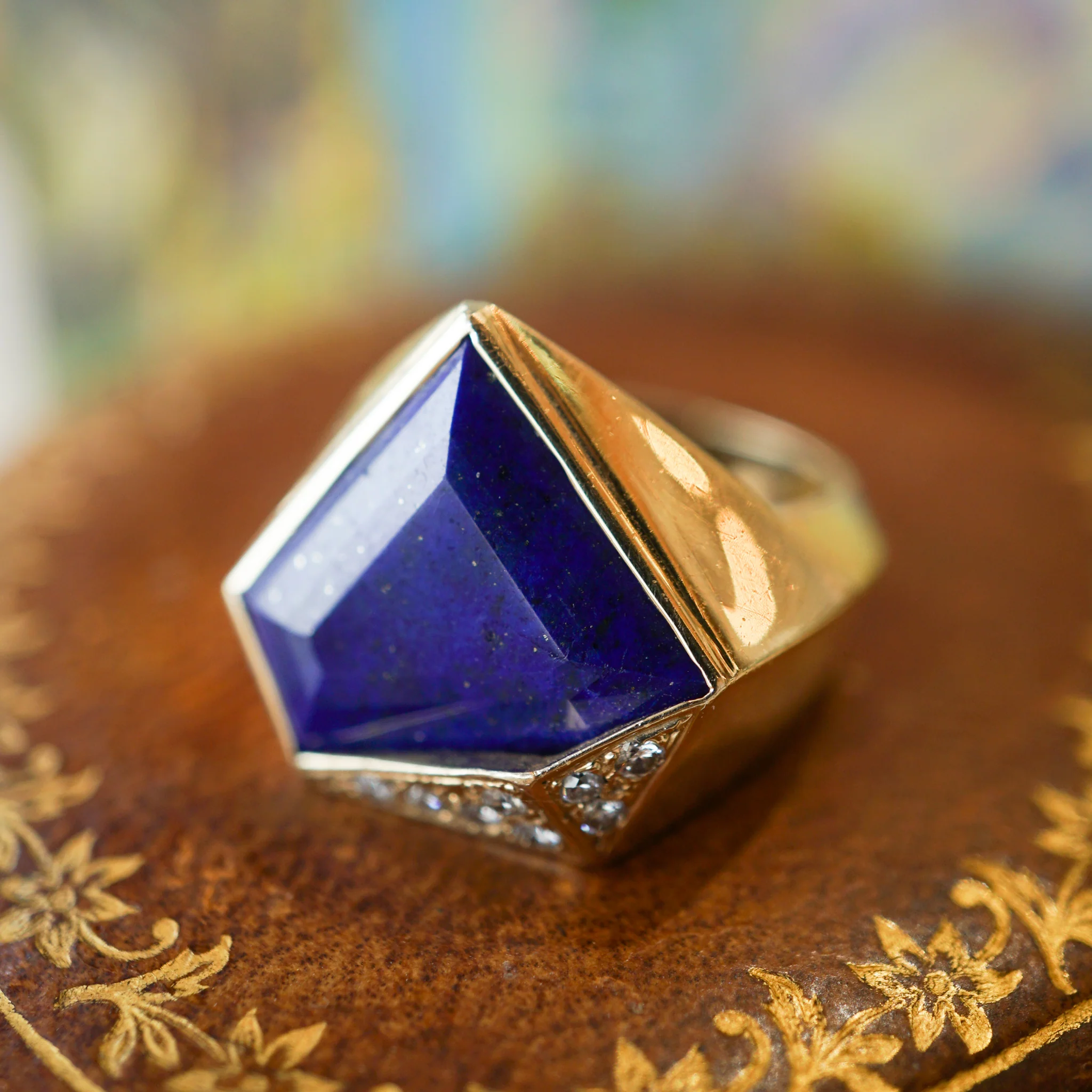 Lapis Lazuli & Diamond Cocktail Ring in 14k Yellow Gold - Image 6