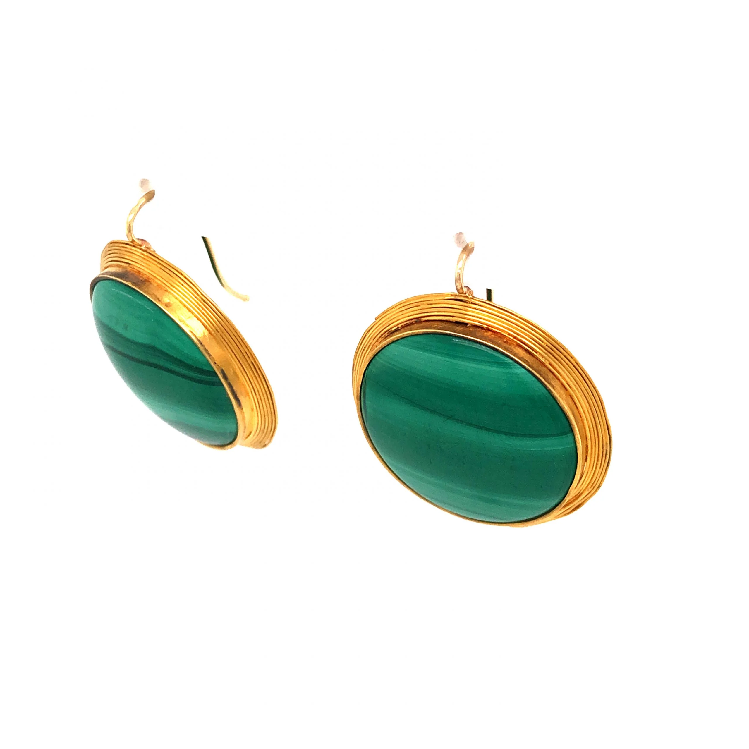 Large Cabochon Malachite Earrings in 14k Yellow Gold - Image 2
