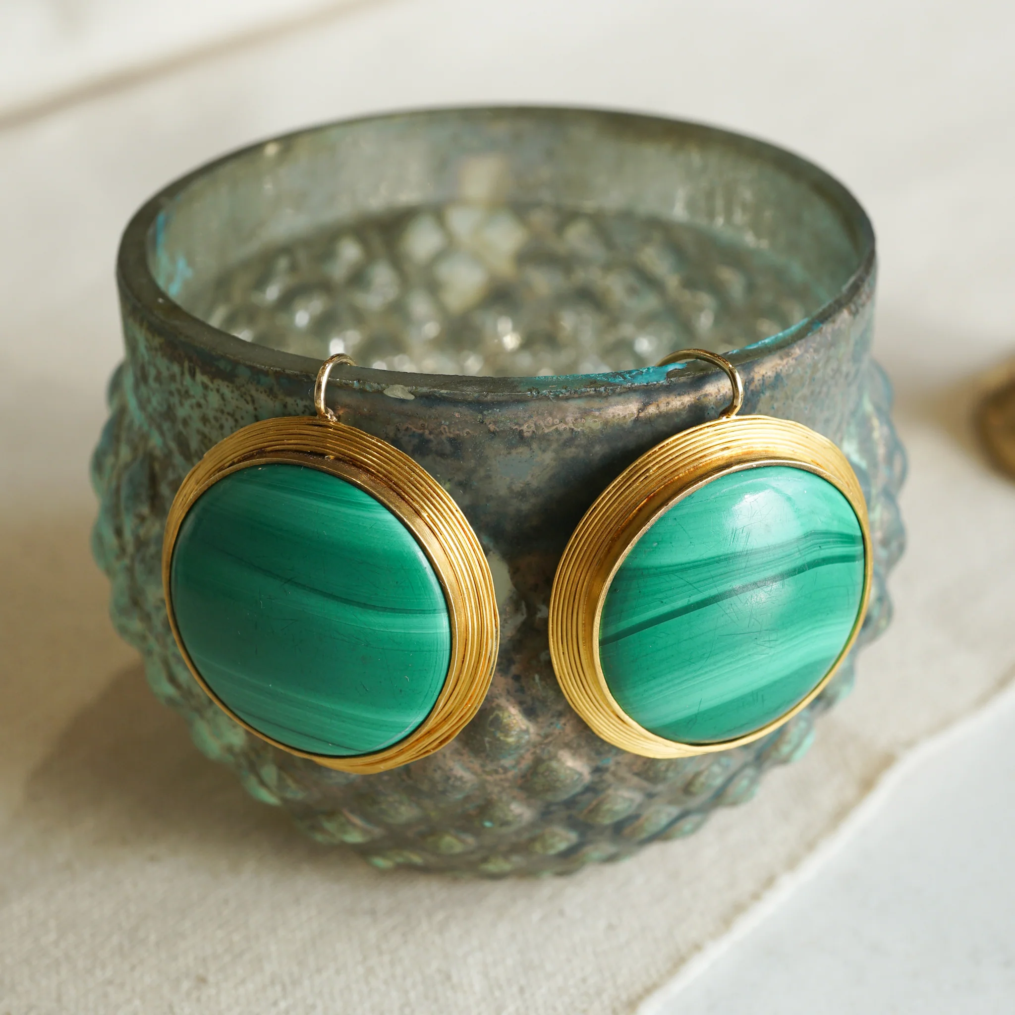 Large Cabochon Malachite Earrings in 14k Yellow Gold - Image 4
