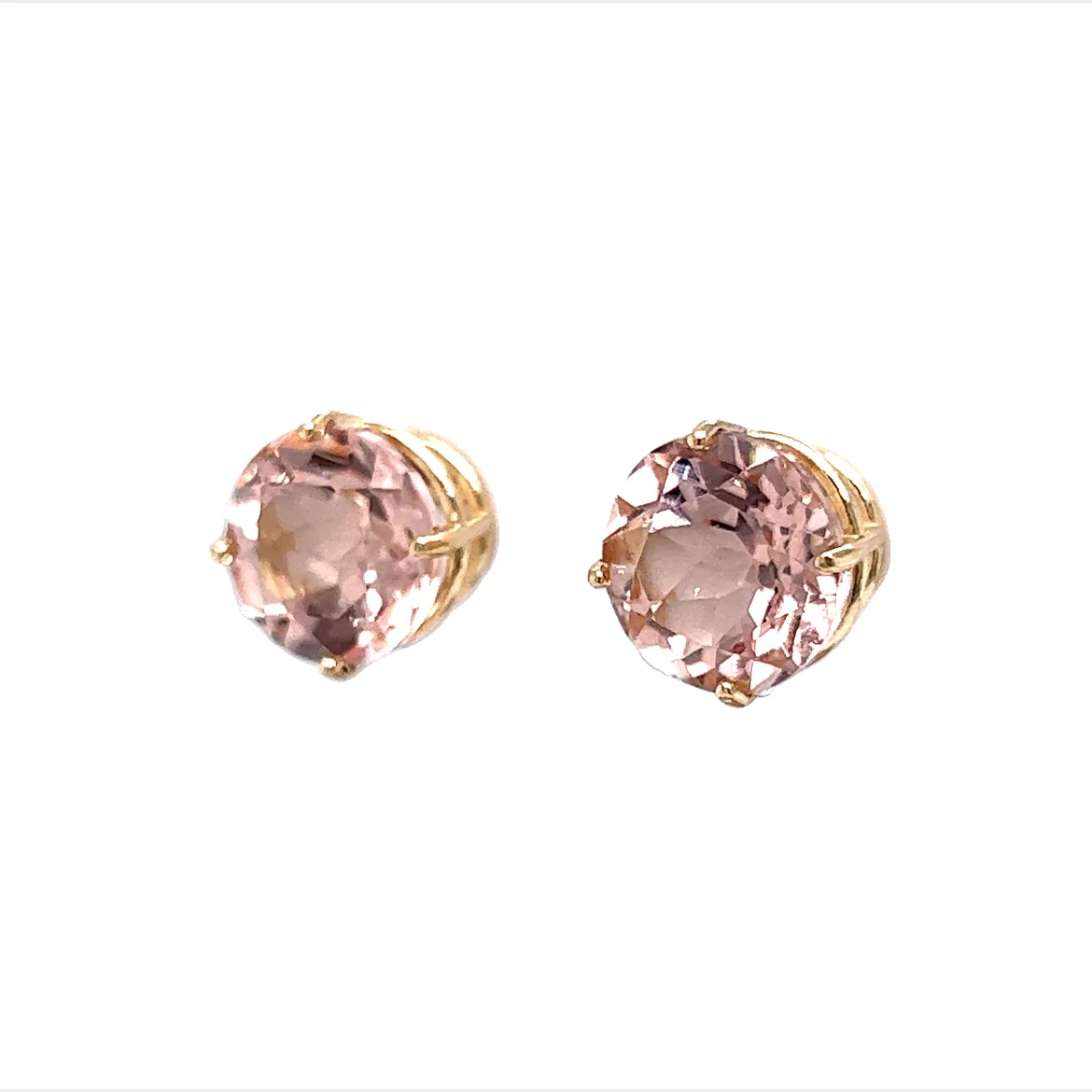Large Classic Round Cut Morganite Stud Earrings in 14k Gold - Image 2
