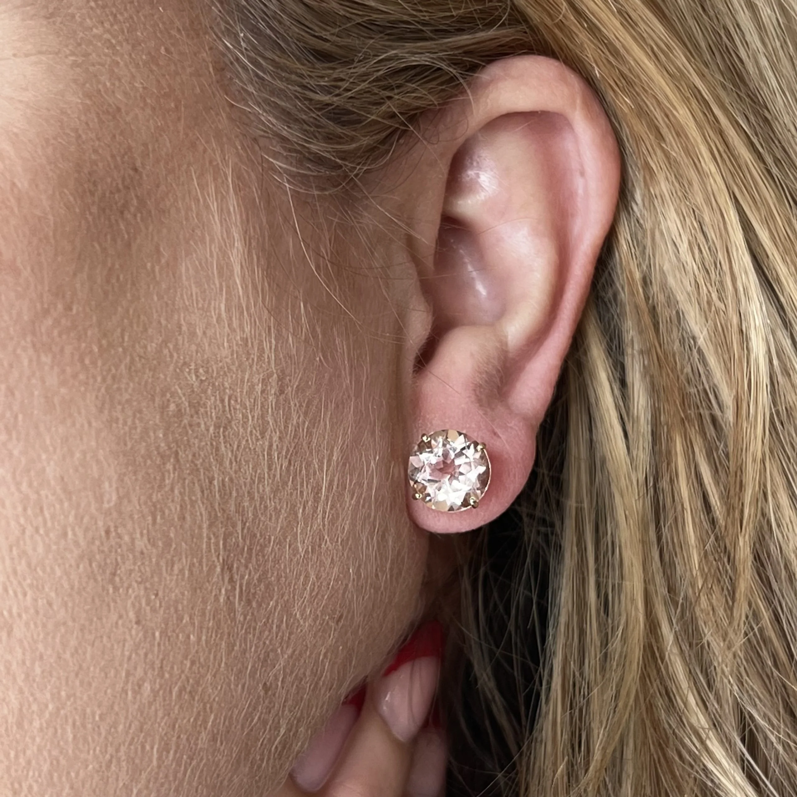 Large Classic Round Cut Morganite Stud Earrings in 14k Gold - Image 4